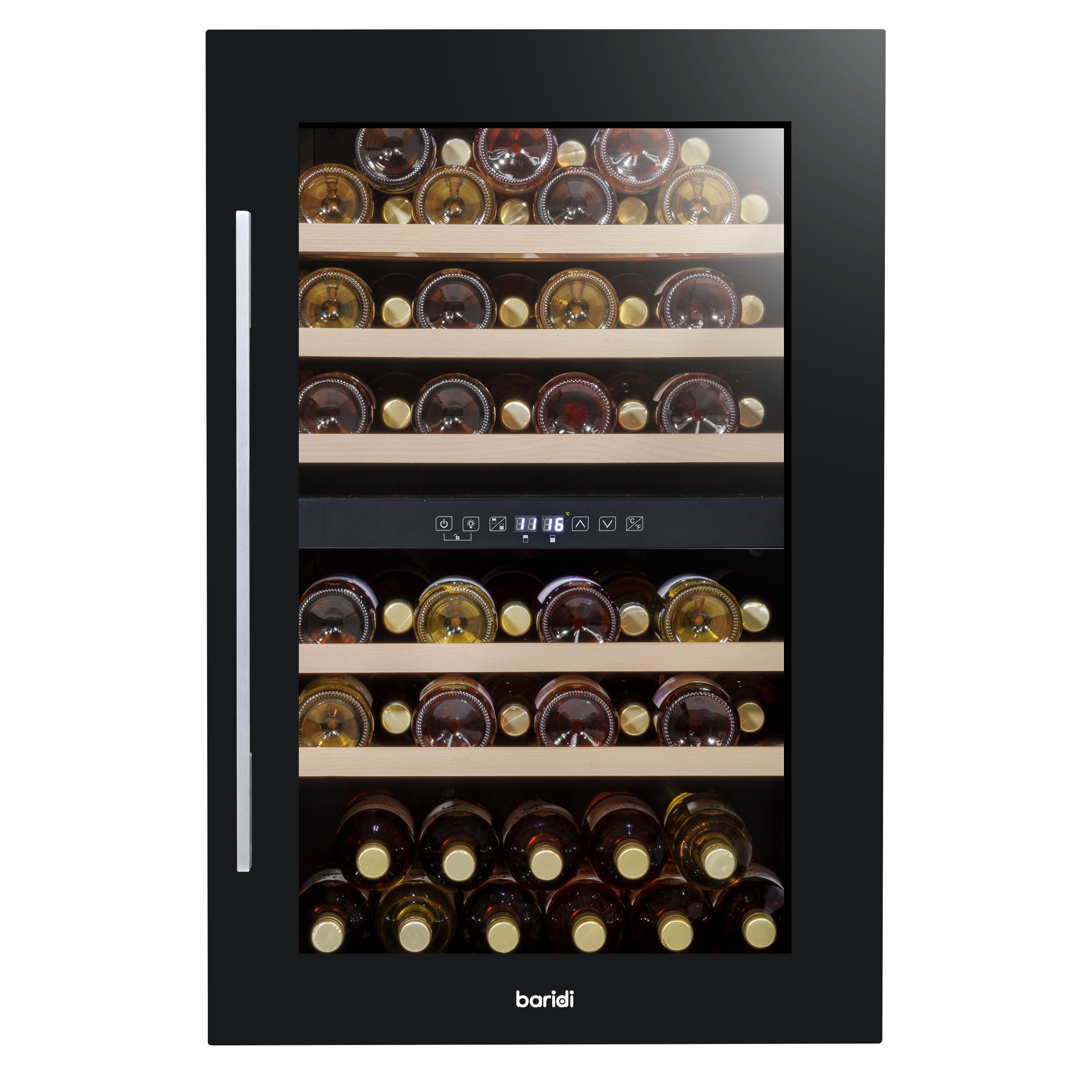 Baridi 60cm Built-In 57 Bottle Dual Zone Wine Cooler with Beech Wood Shelves - Black - DH118