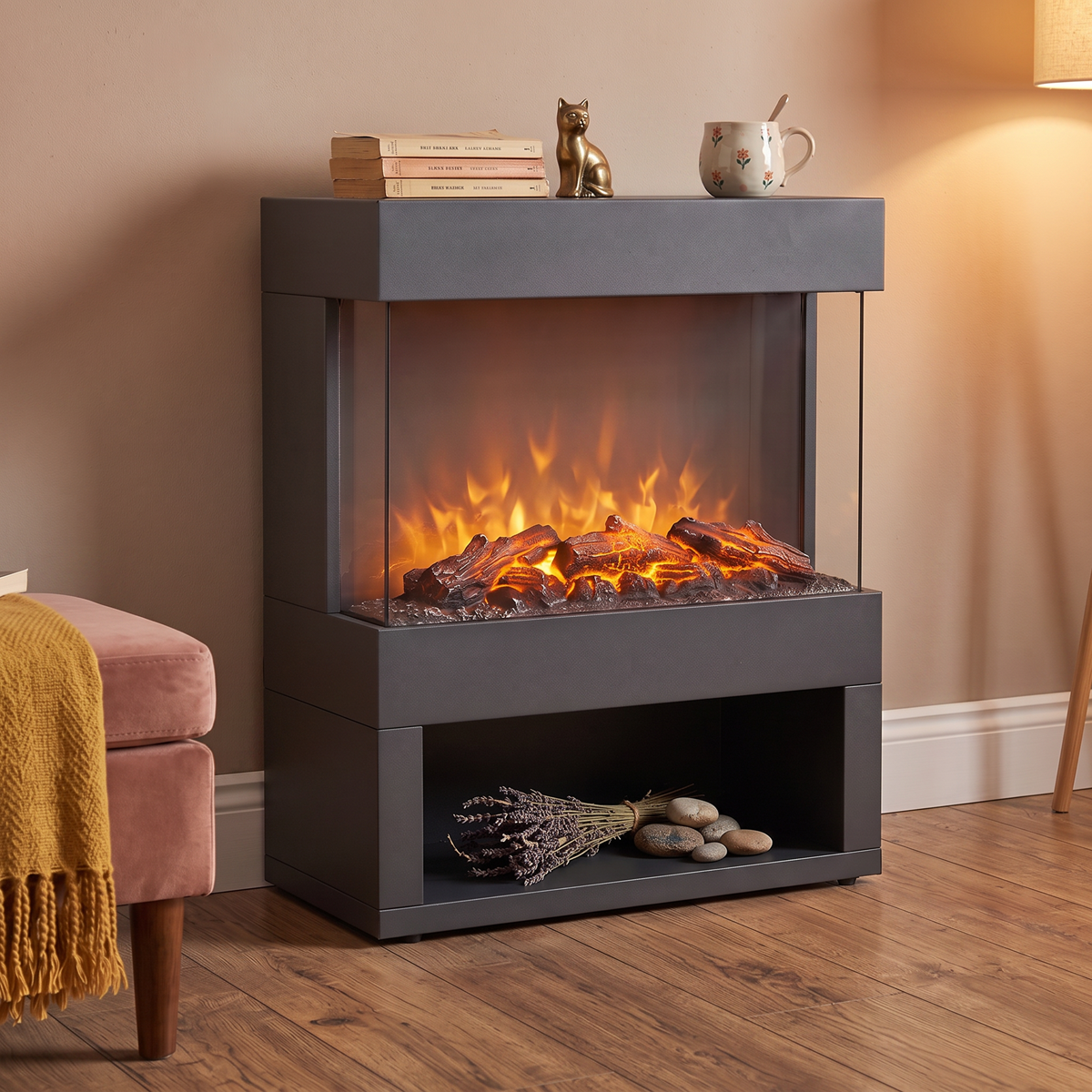 Baridi Electric Stove Heater Fireplace with LED Log Flame Effect & Wood Storage 1800W, Black - DH122
