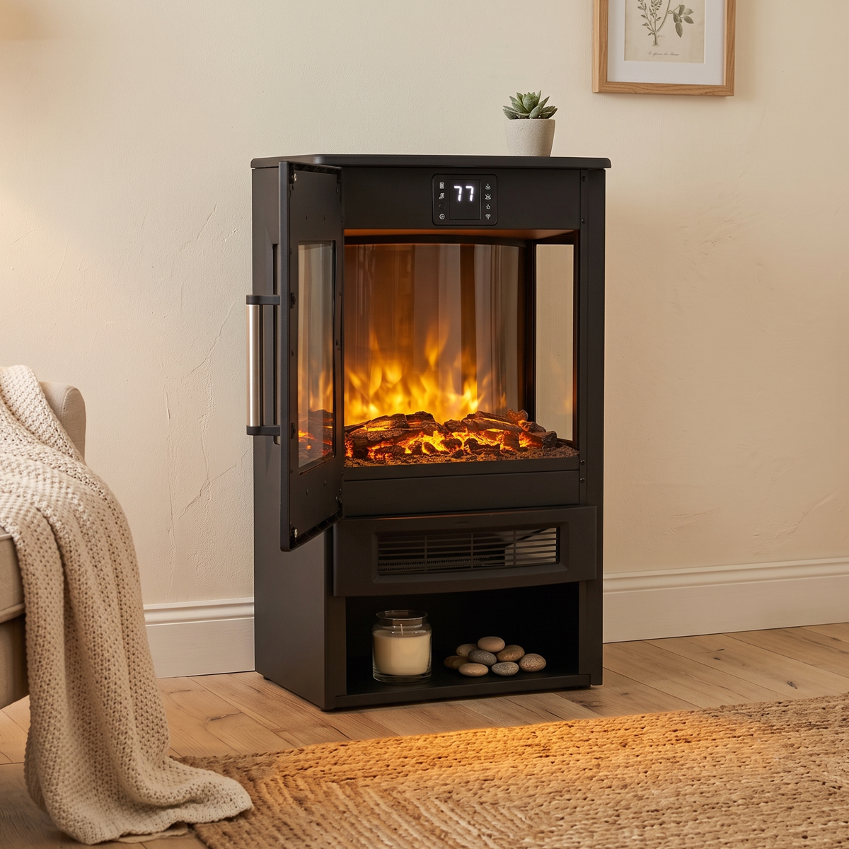 Baridi Electric Panoramic Stove Heater with LED Flame Effect & Log Storage 1800W, Black - DH123
