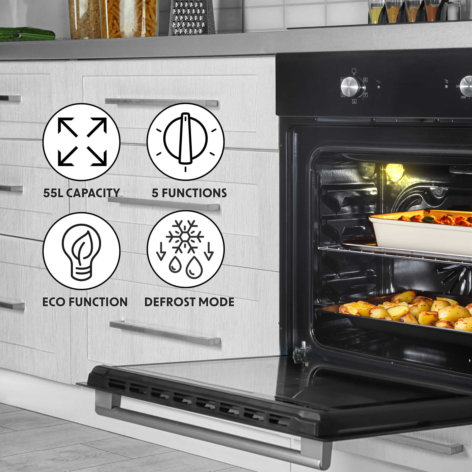 Kitchen Appliance Bundle – 60cm Oven, Black Glass Hob, Angled Chimney Hood & Splashback