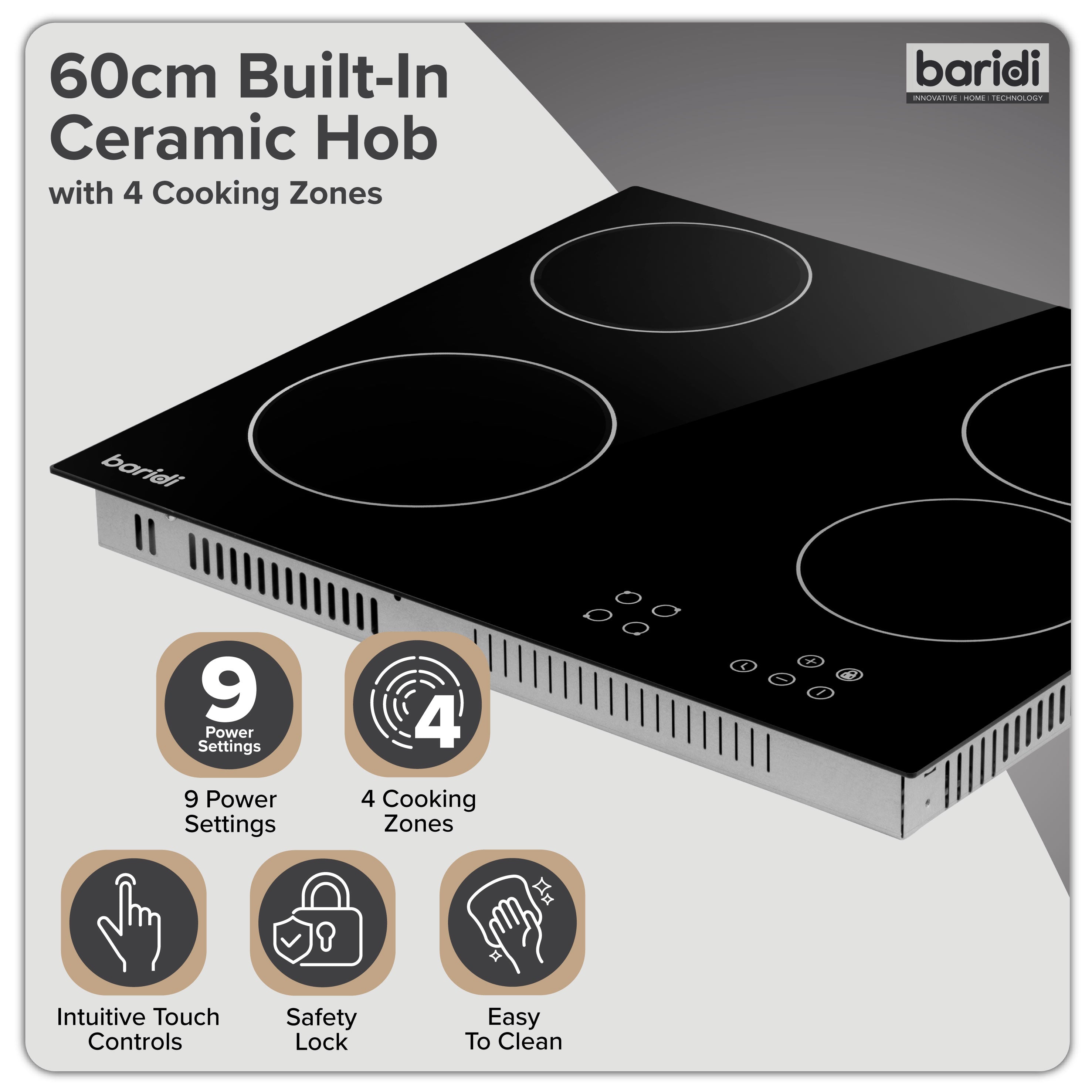 Baridi 60cm Built-In Ceramic Hob with 4 Cooking Zones, Black Glass - DH131