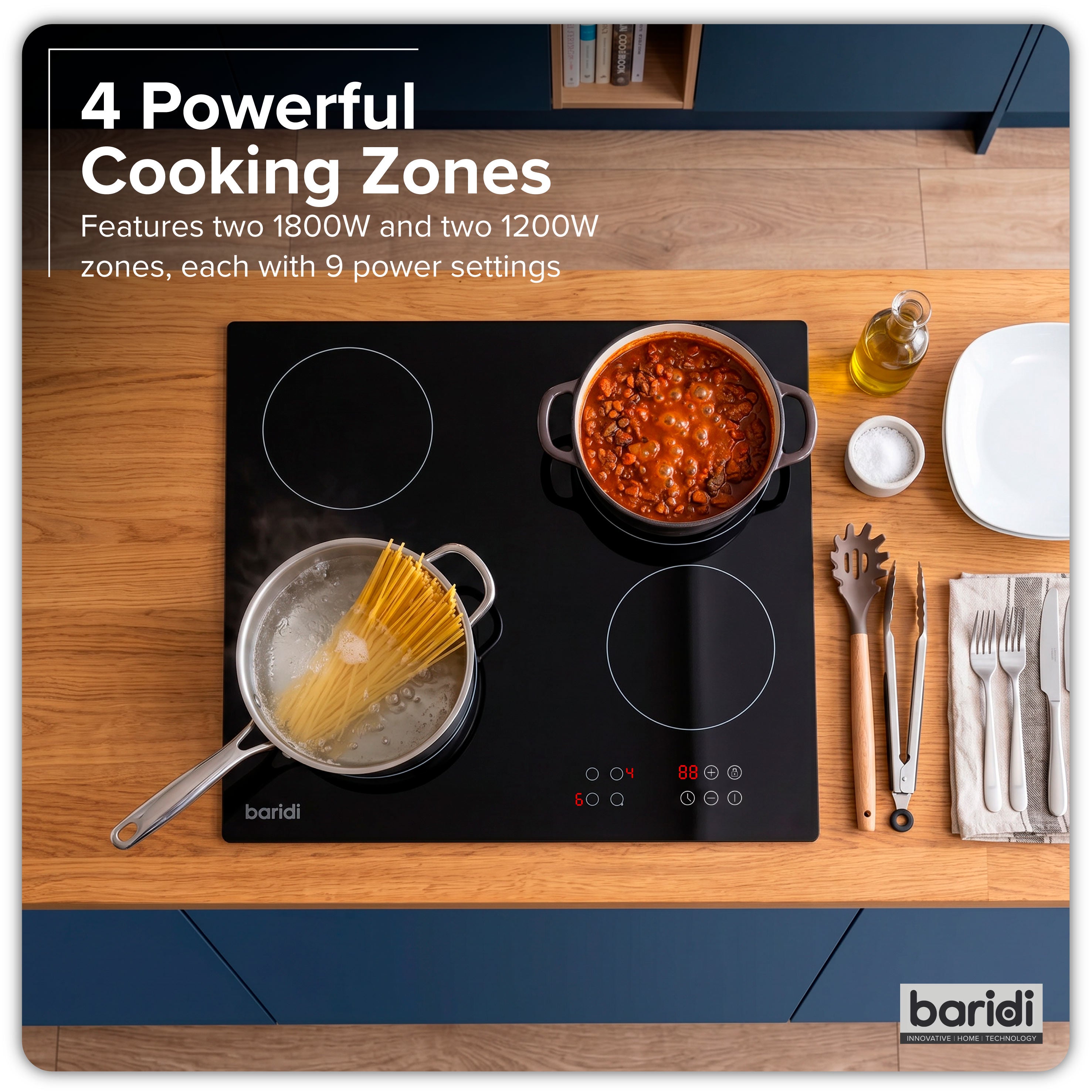 Baridi 60cm Built-In Ceramic Hob with 4 Cooking Zones, Black Glass - DH131