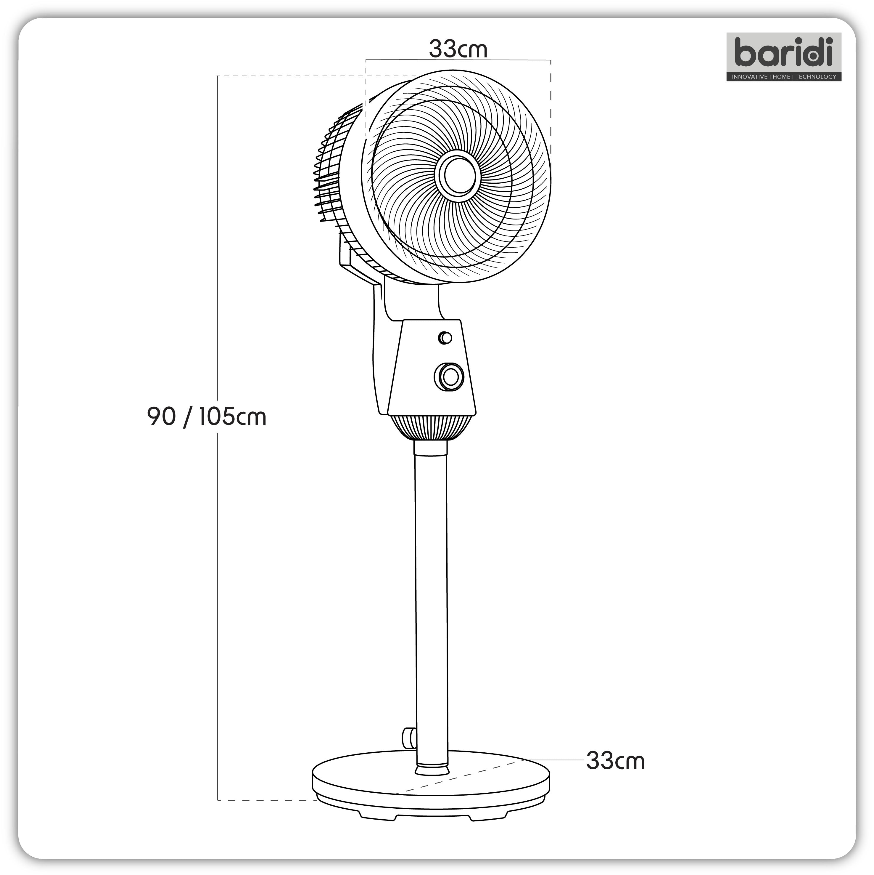 Baridi 10 inch Pedestal Fan with Manual Control, 3 speeds, 90° 3D Oscillation, Adjustable Height & Pivoting Fan Head, Grey - DH142