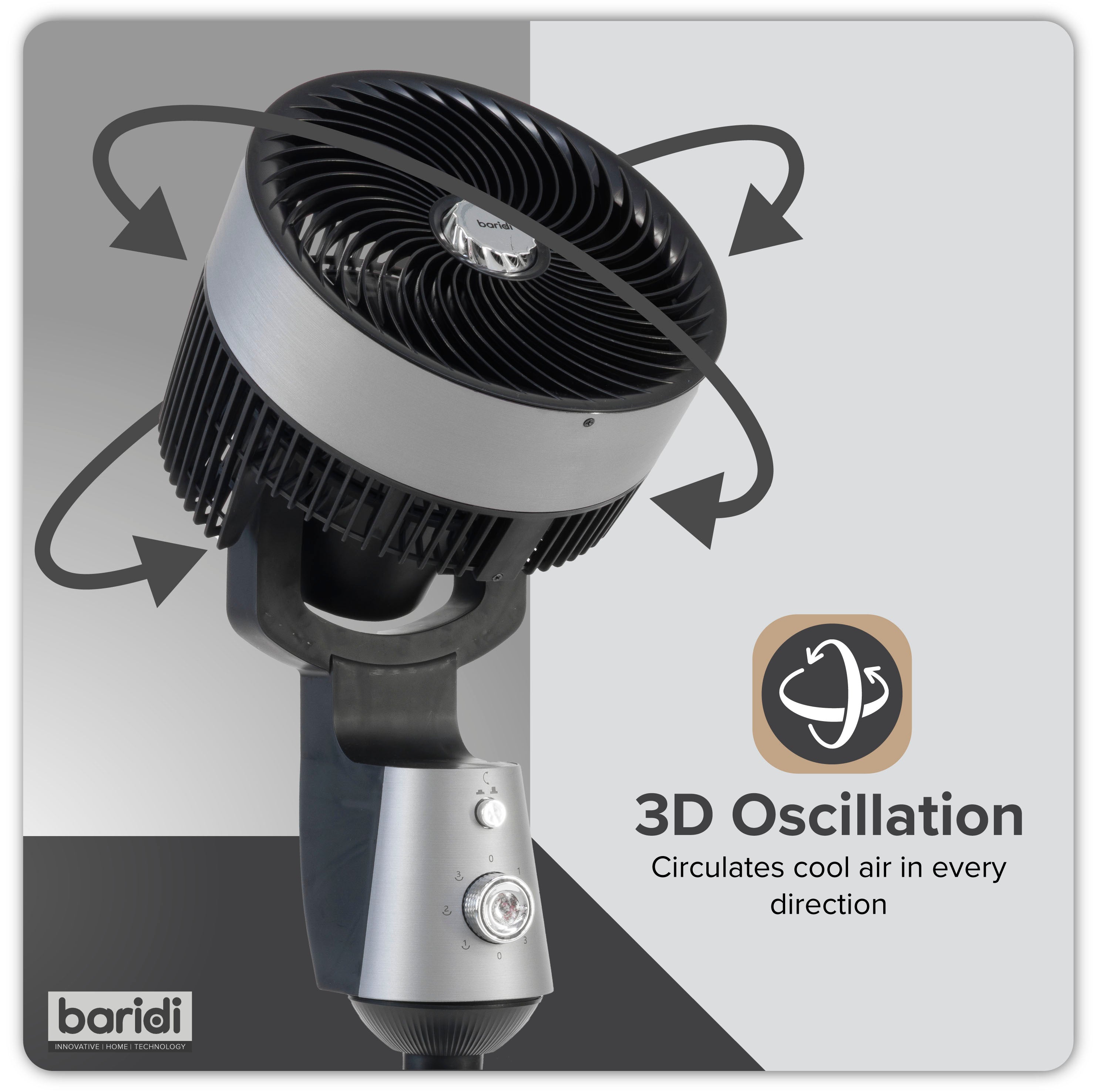 Baridi 10 inch Pedestal Fan with Manual Control, 3 speeds, 90° 3D Oscillation, Adjustable Height & Pivoting Fan Head, Grey - DH142