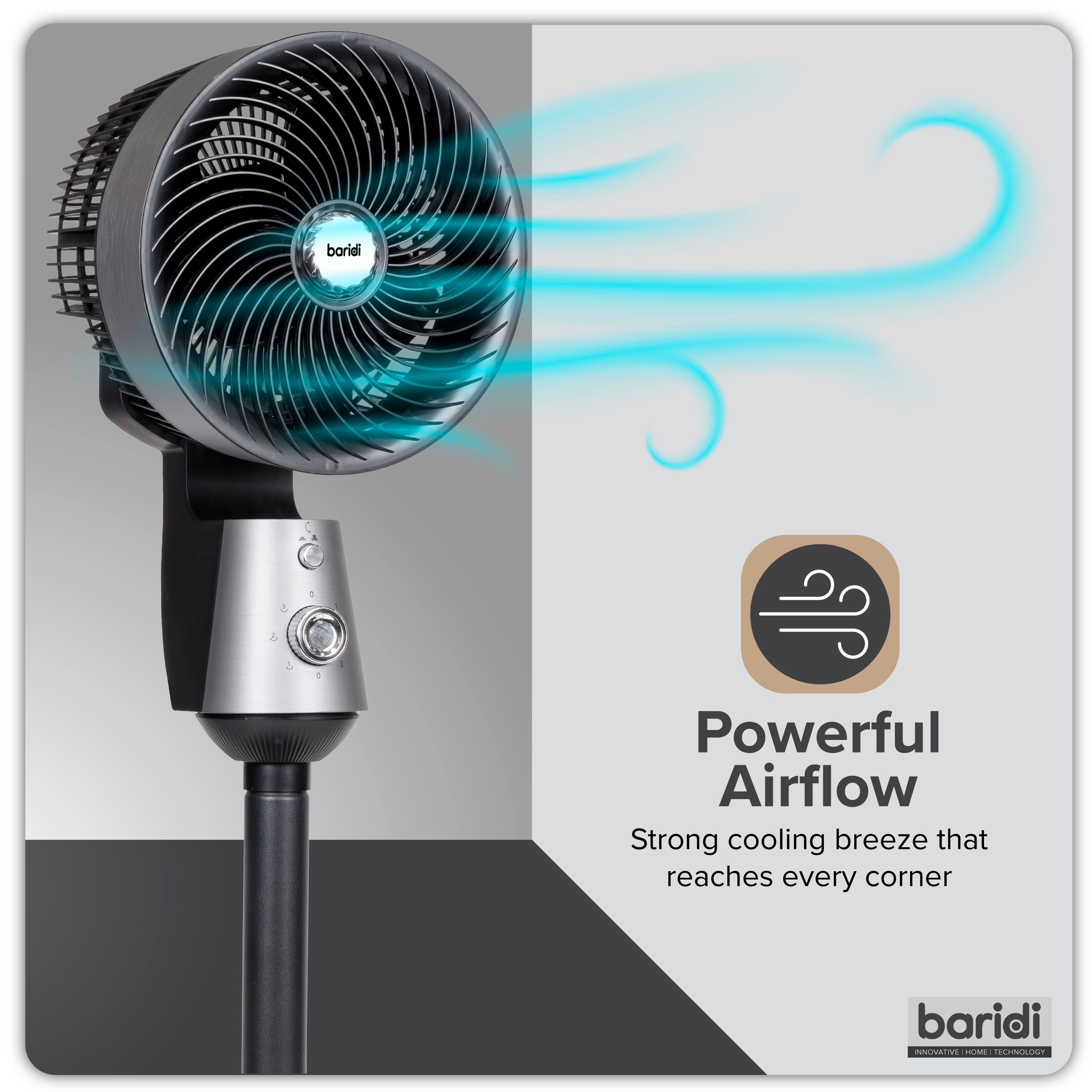 Baridi 10 inch Pedestal Fan with Manual Control, 3 speeds, 90° 3D Oscillation, Adjustable Height & Pivoting Fan Head, Grey - DH142