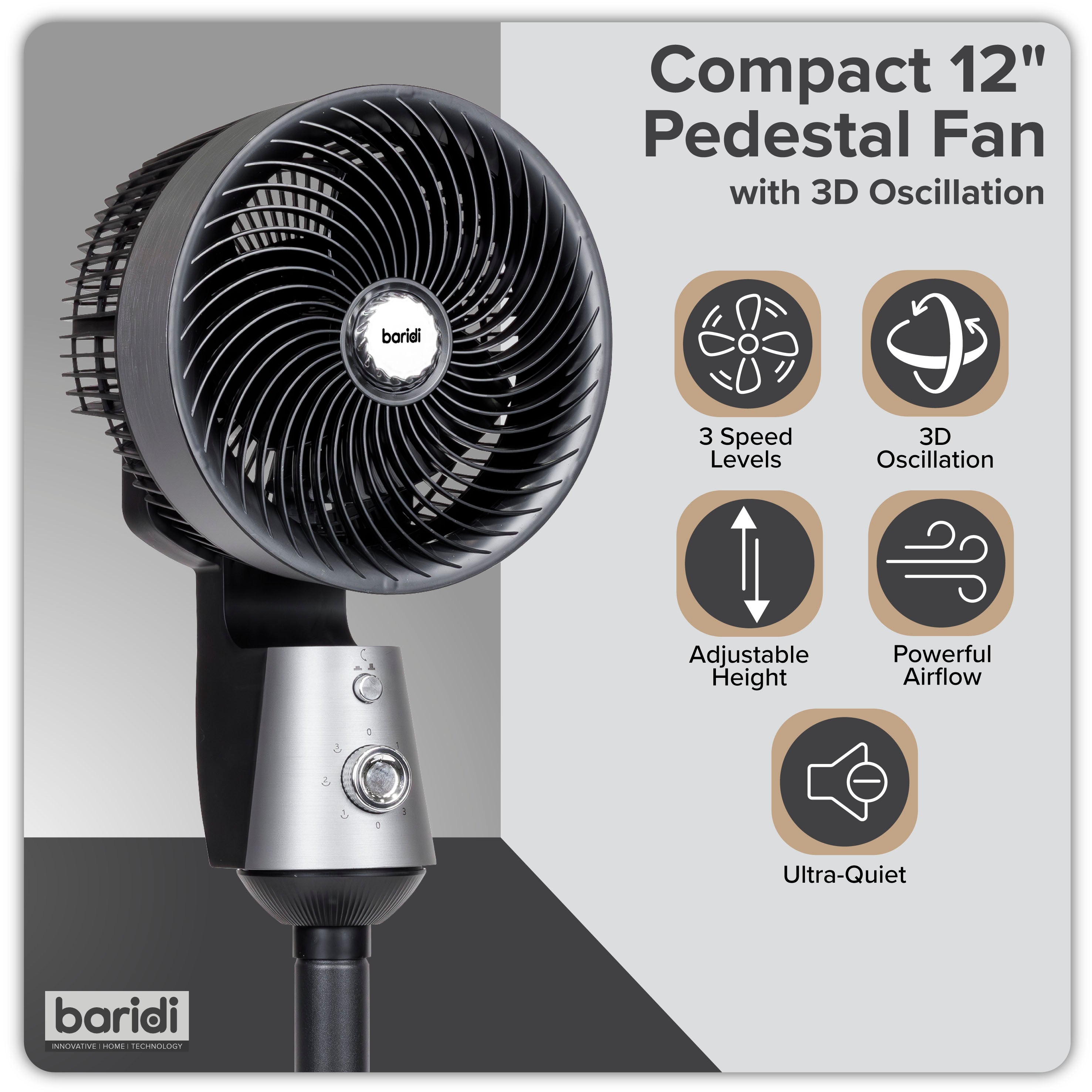 Baridi 10 inch Pedestal Fan with Manual Control, 3 speeds, 90° 3D Oscillation, Adjustable Height & Pivoting Fan Head, Grey - DH142