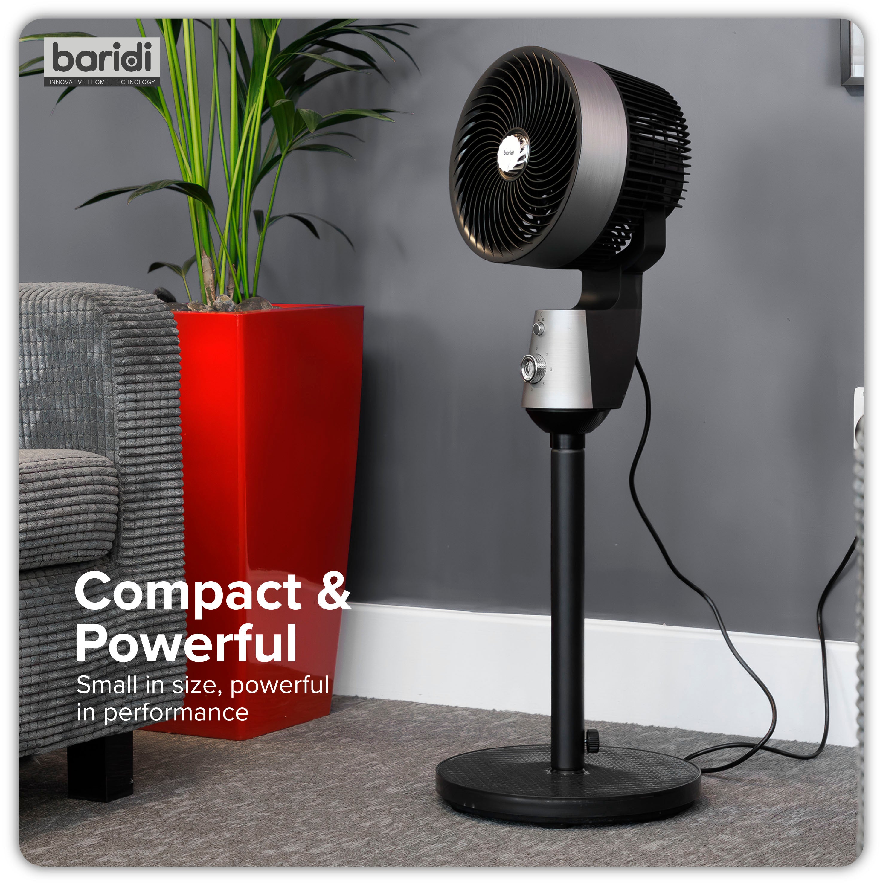 Baridi 10 inch Pedestal Fan with Manual Control, 3 speeds, 90° 3D Oscillation, Adjustable Height & Pivoting Fan Head, Grey - DH142