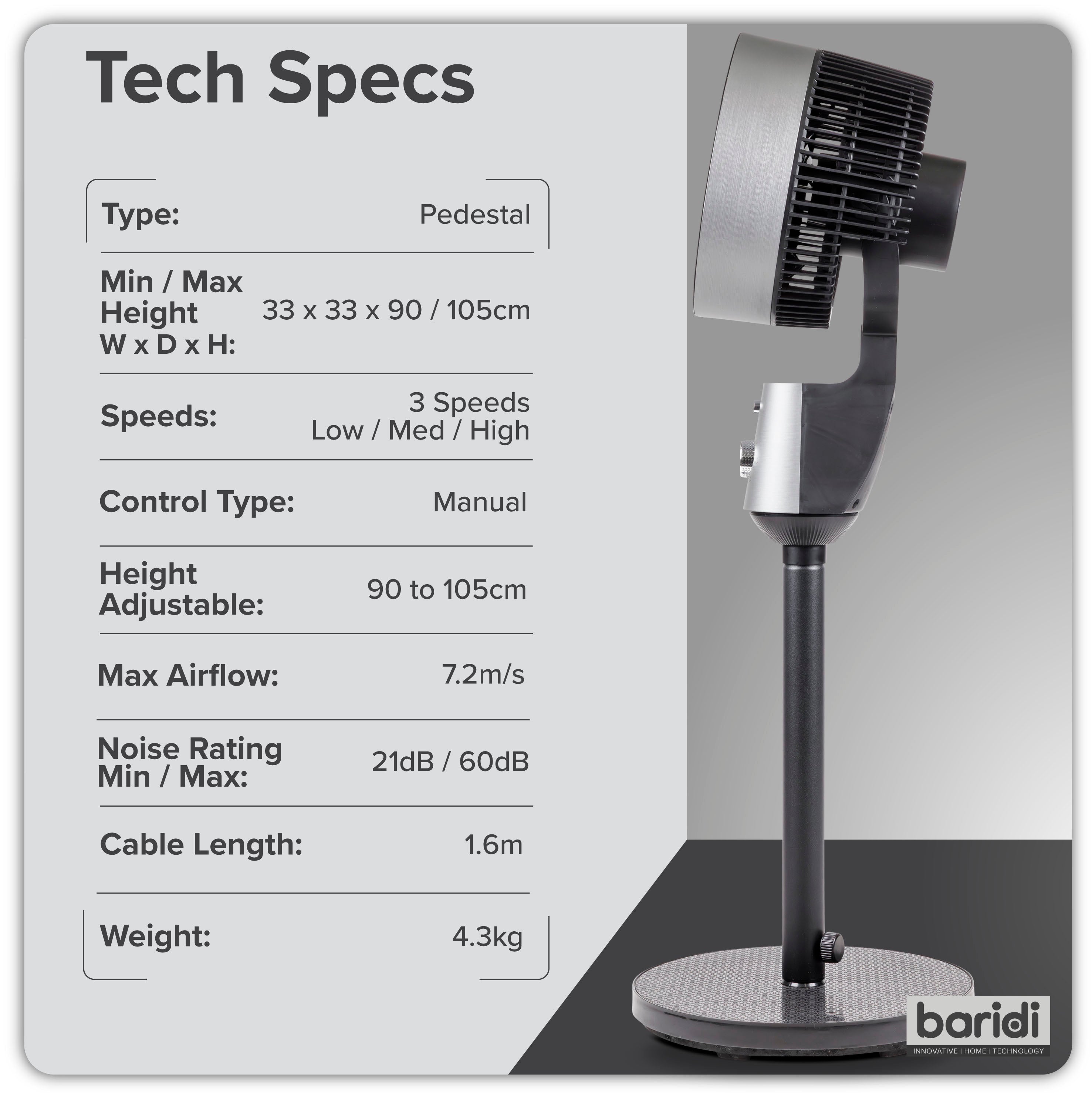 Baridi 10 inch Pedestal Fan with Manual Control, 3 speeds, 90° 3D Oscillation, Adjustable Height & Pivoting Fan Head, Grey - DH142
