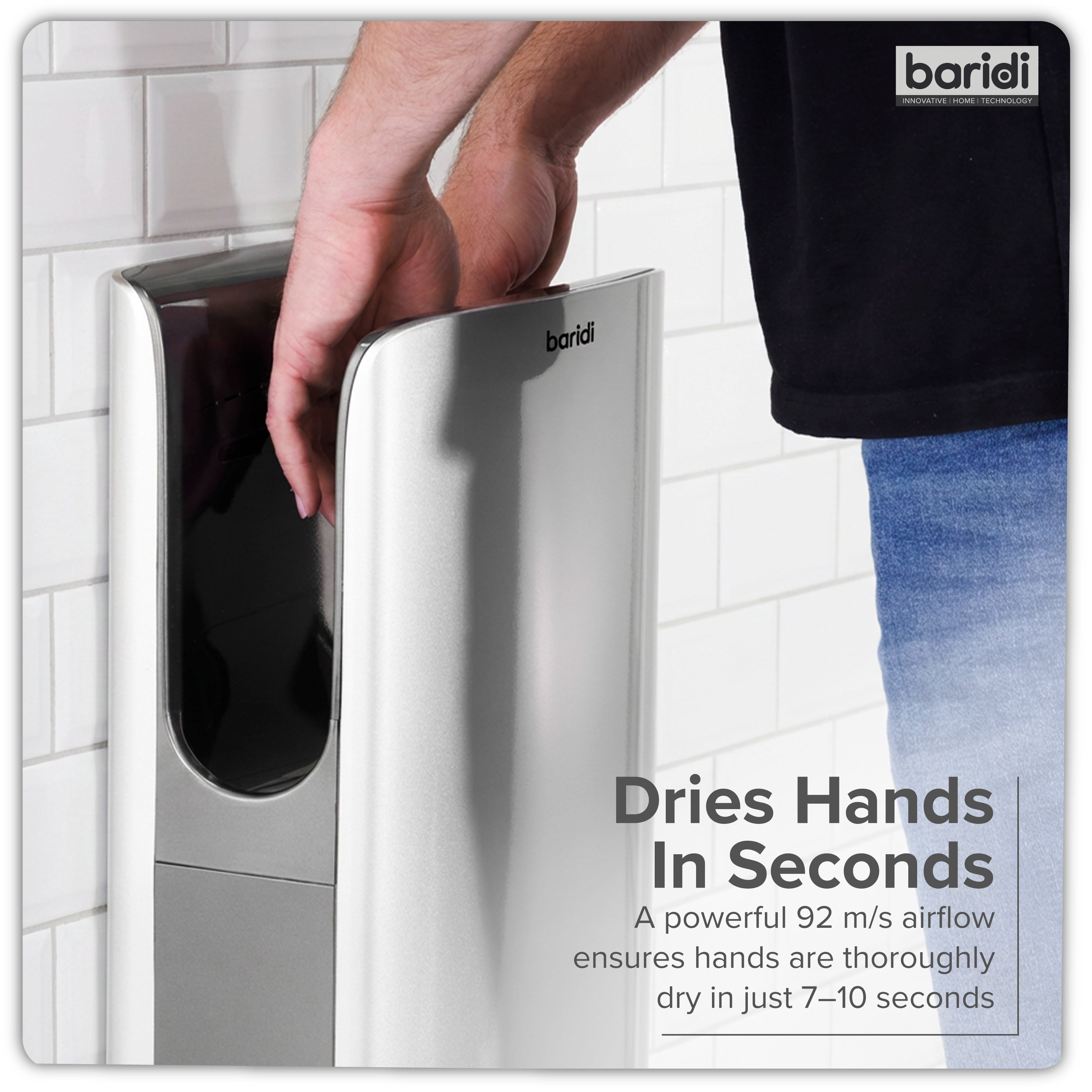 Baridi Hand Dryer with HEPA Filter & Auto-Sensor 1750W/230V, Silver - DH150