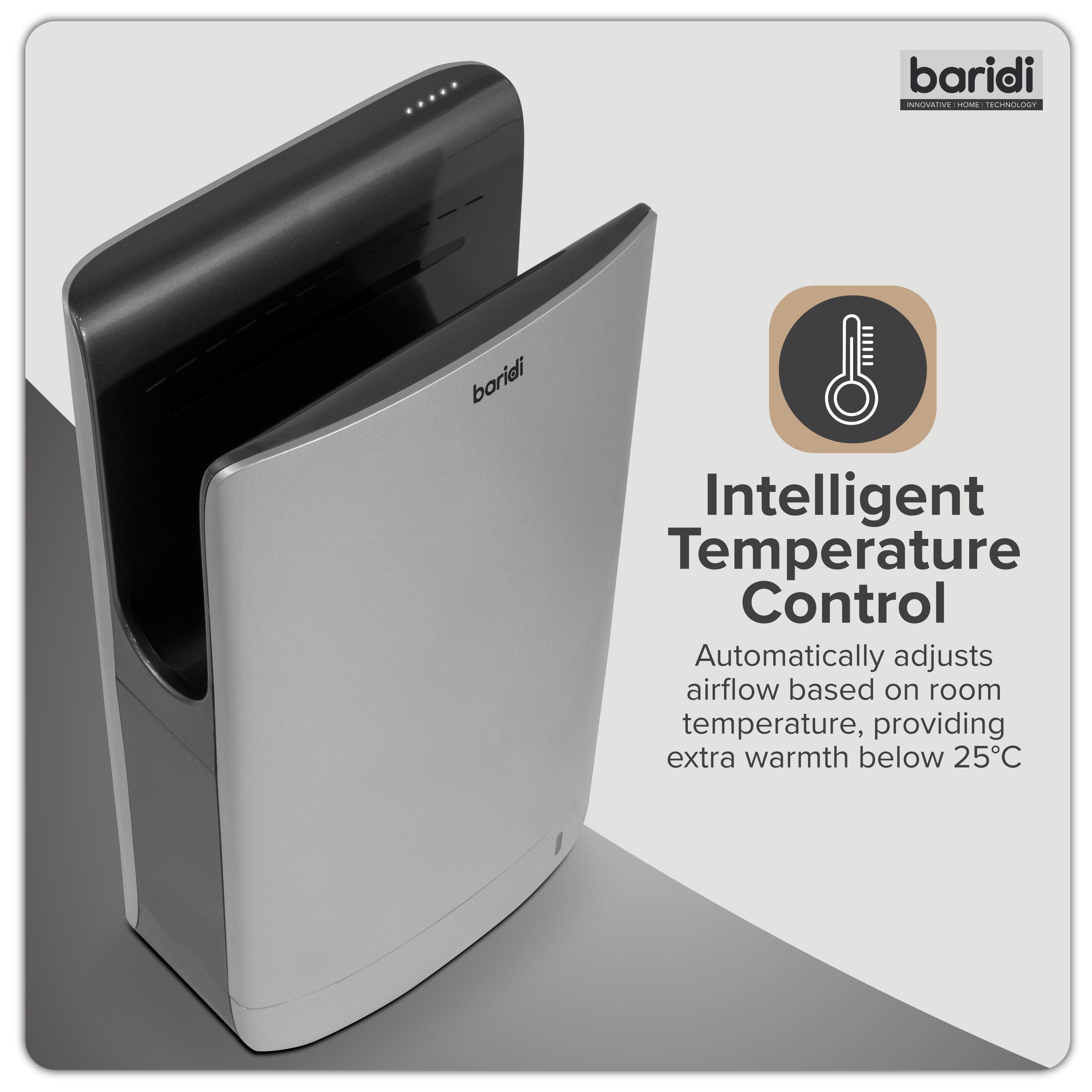 Baridi Hand Dryer with HEPA Filter & Auto-Sensor 1750W/230V, Silver - DH150