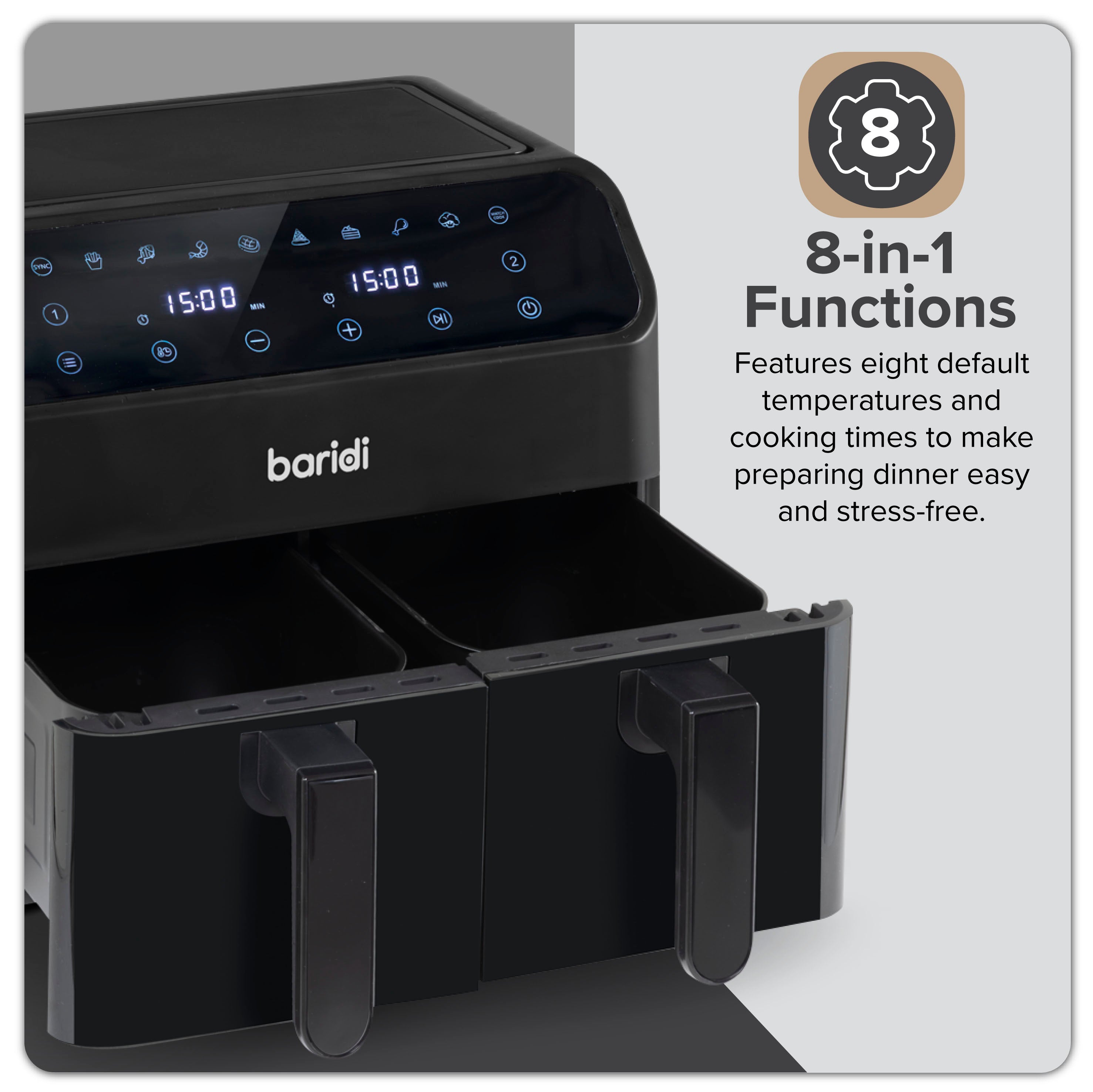Baridi Dual Zone Air Fryer, 8 Preset Functions, 1700W, 8L, Black - DH172