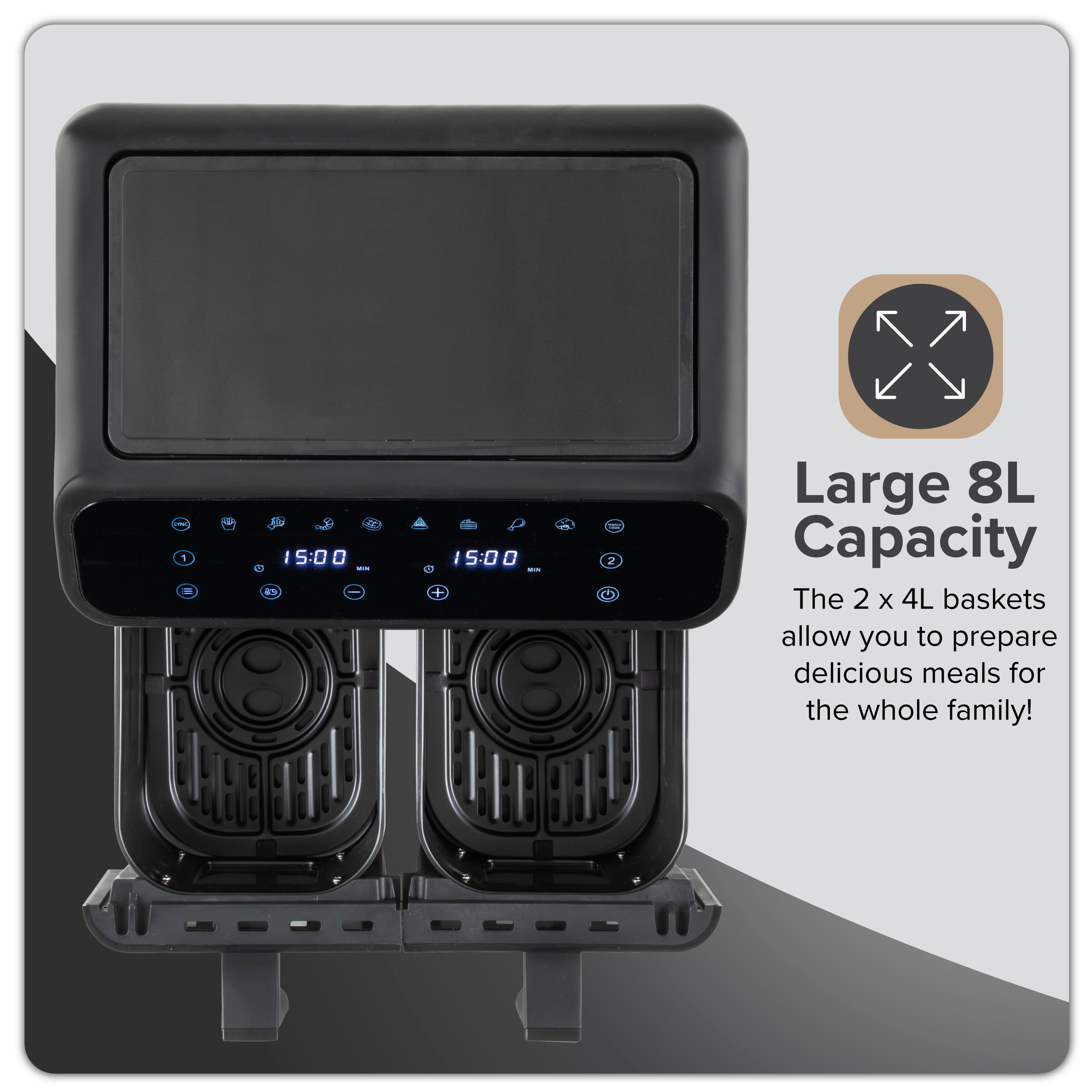 Baridi Dual Zone Air Fryer, 8 Preset Functions, 1700W, 8L, Black - DH172