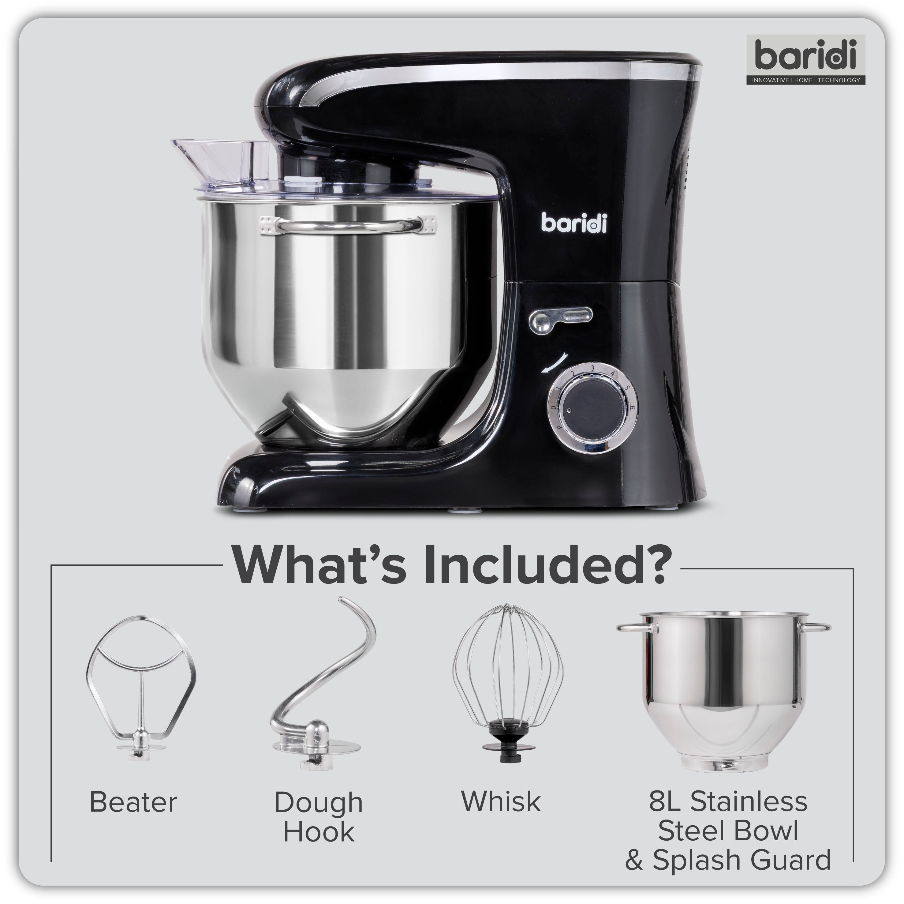Baridi DH174 Stand Mixer Action shot - whats included