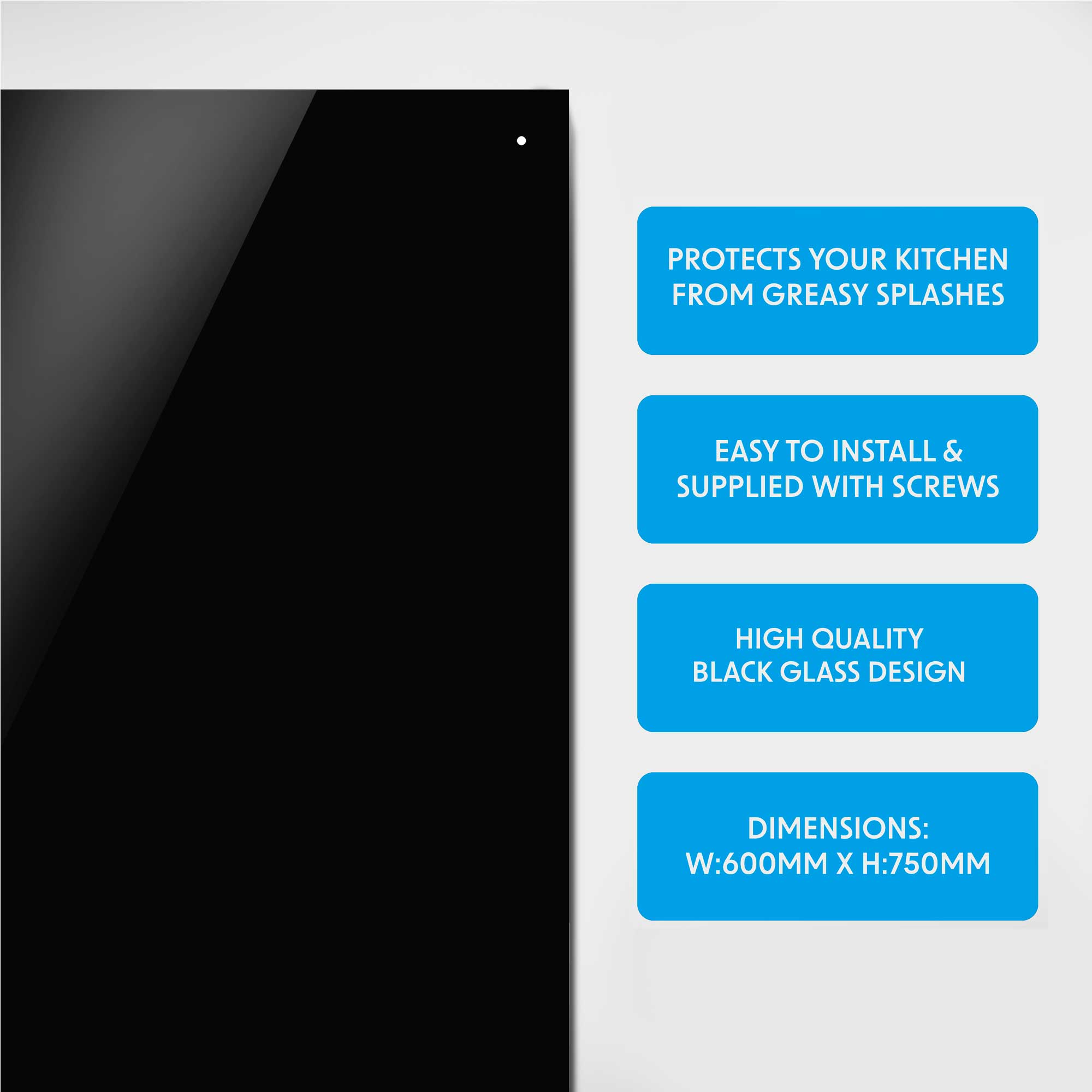 Baridi 60cm Splashback for Cooker Hoods, Extractor Fans, Range Hoods, Black Glass- DH194
