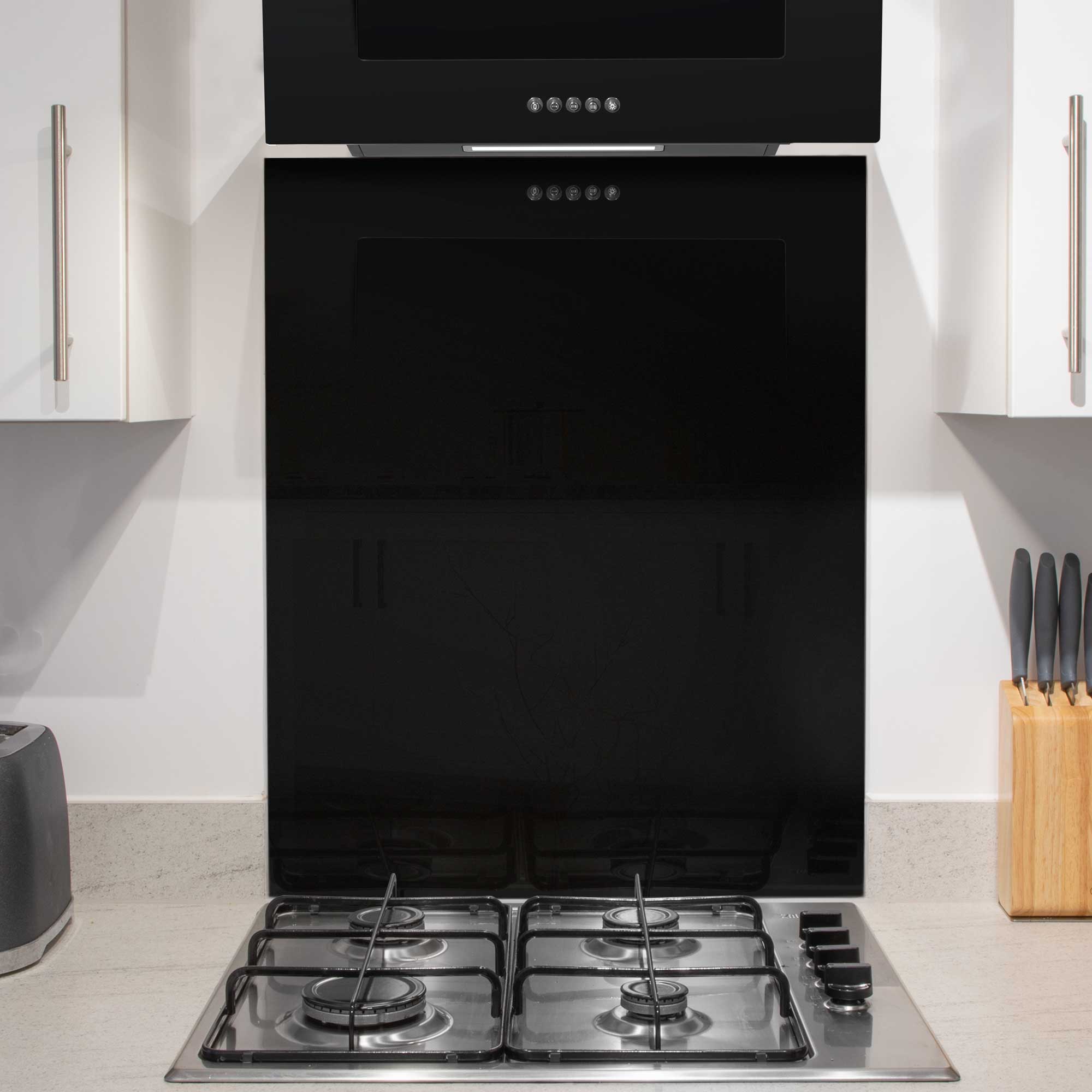 Kitchen Appliance Bundle – 60cm Oven, Black Glass Hob, Angled Chimney Hood & Splashback