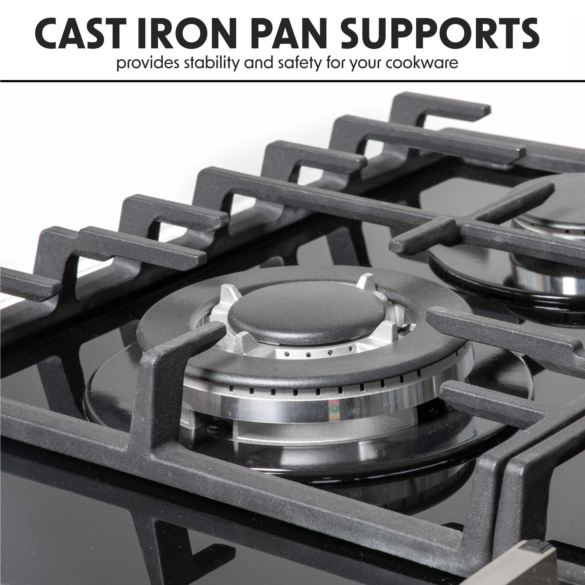 Baridi 60cm Gas on Glass Hob Built-In, 4 Burner and Cast Iron Pan Supports, Black Glass - DH226