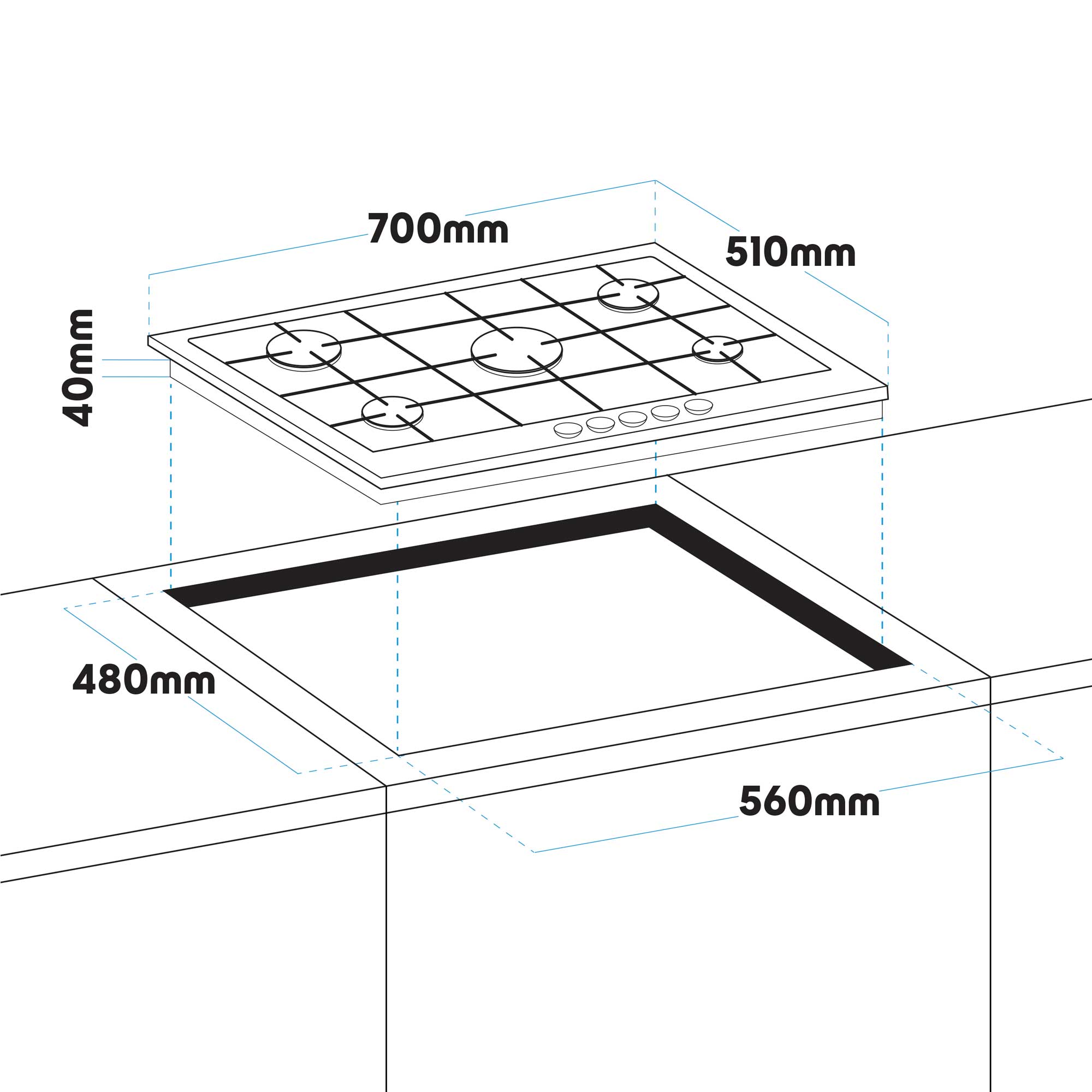 Baridi 70cm Gas on Glass Hob Built-In, 5 Burner and Cast Iron Pan Supports, Black Glass - DH228