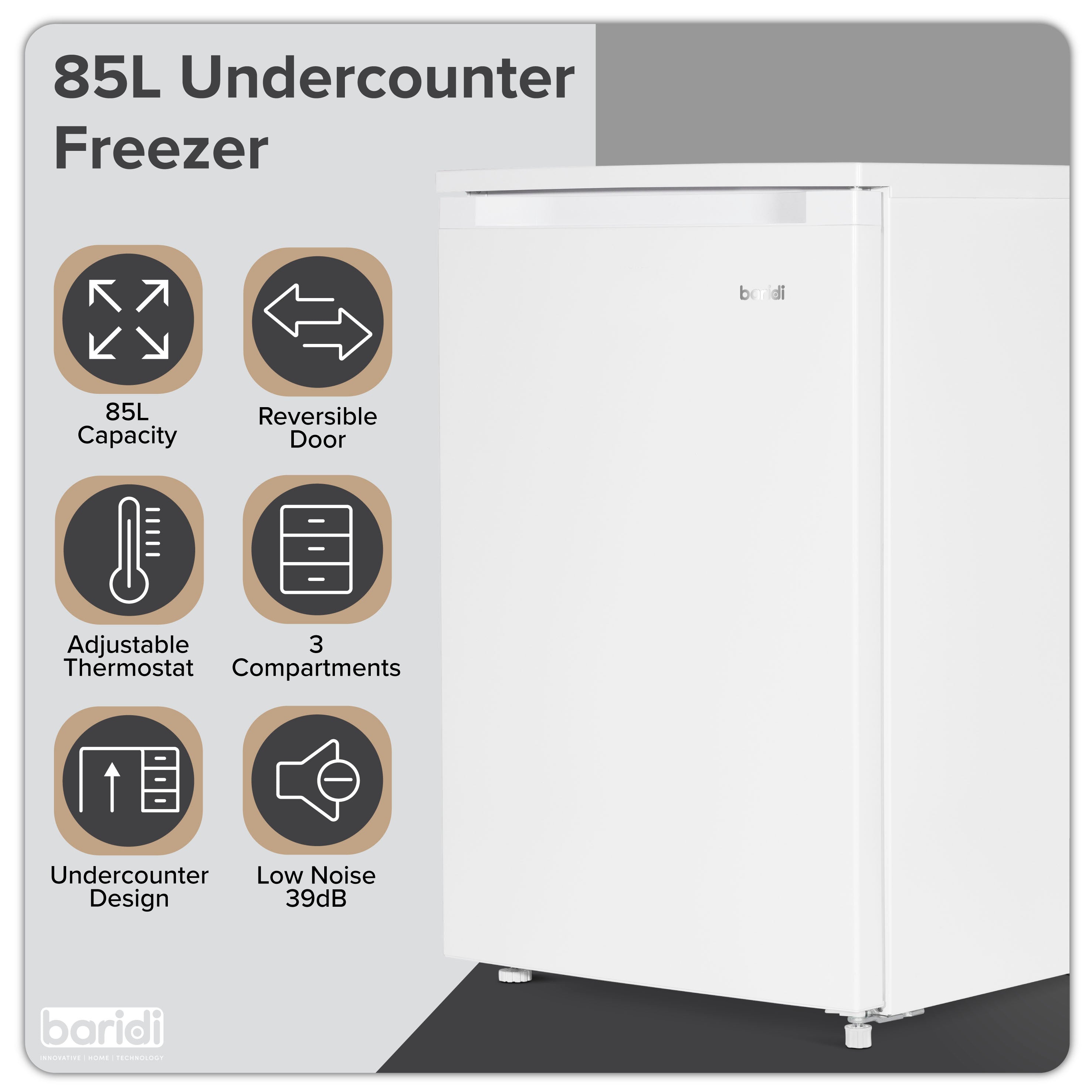 Baridi 55cm Undercounter Freezer with Adjustable Thermostat, 4 Star Rating, 85L, White - DH250