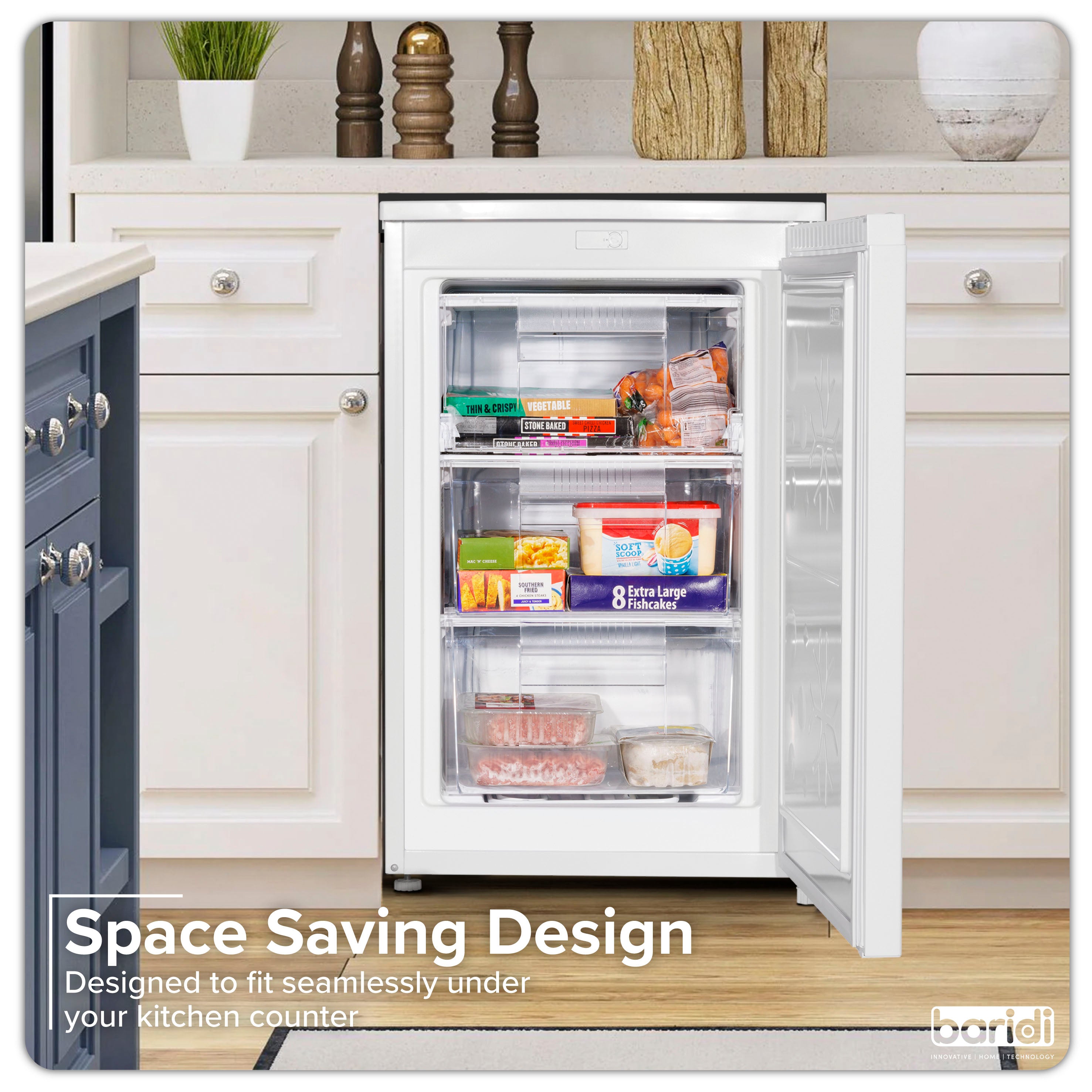 Baridi 55cm Undercounter Freezer with Adjustable Thermostat, 4 Star Rating, 85L, White - DH250