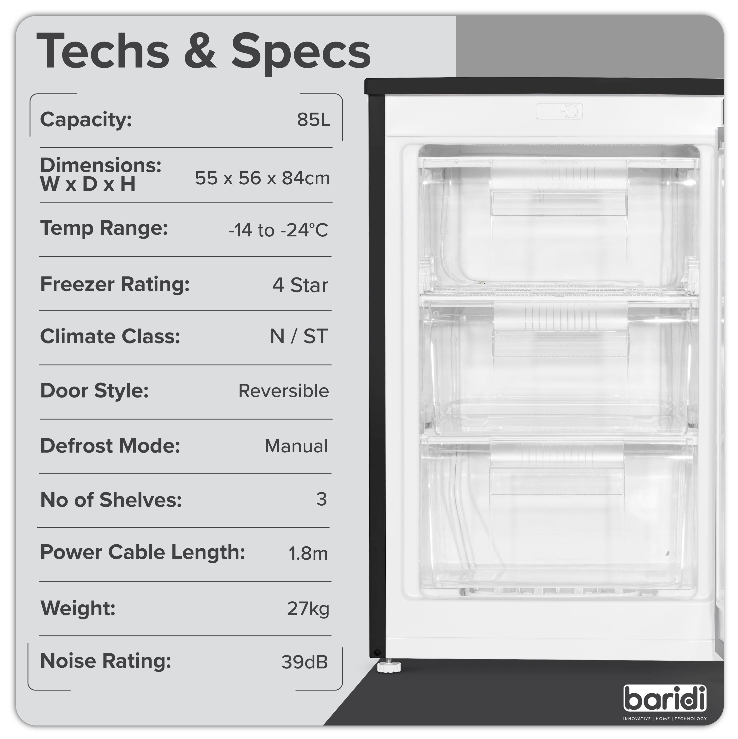 Baridi 55cm Undercounter Freezer with Adjustable Thermostat, 85L, Black - DH251