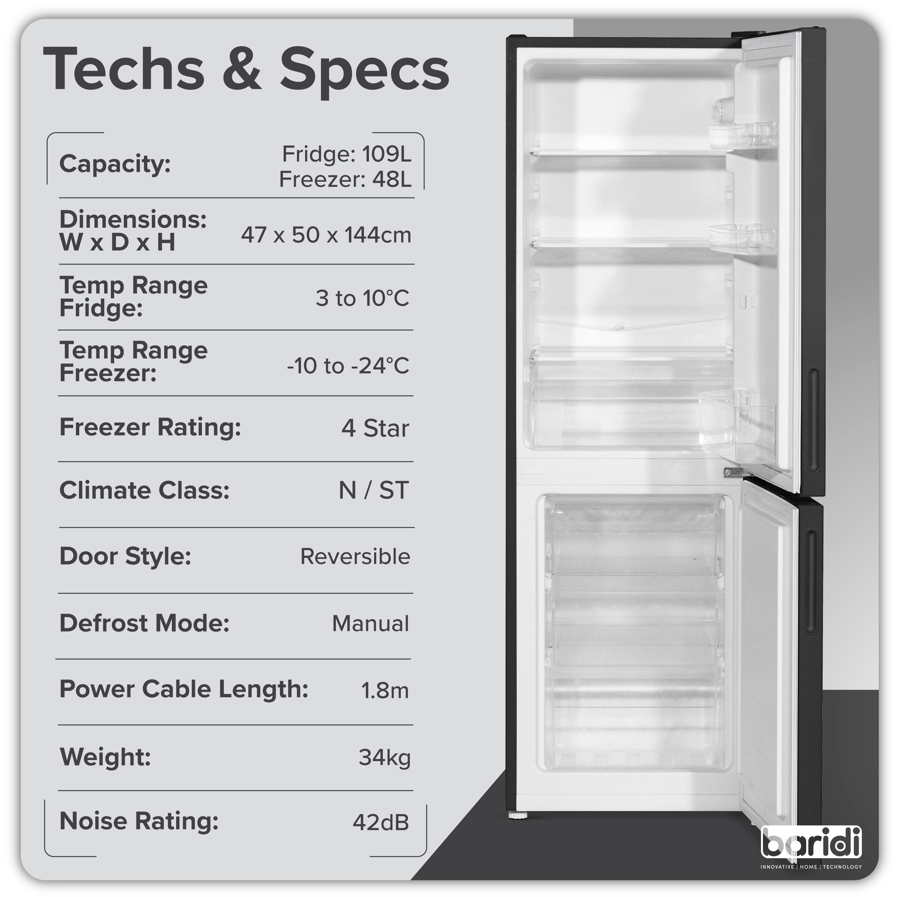 Baridi 47cm 70/30 Fridge Freezer, 157L Capacity, Low Frost Technology, 4 Star Rating, Black - DH253