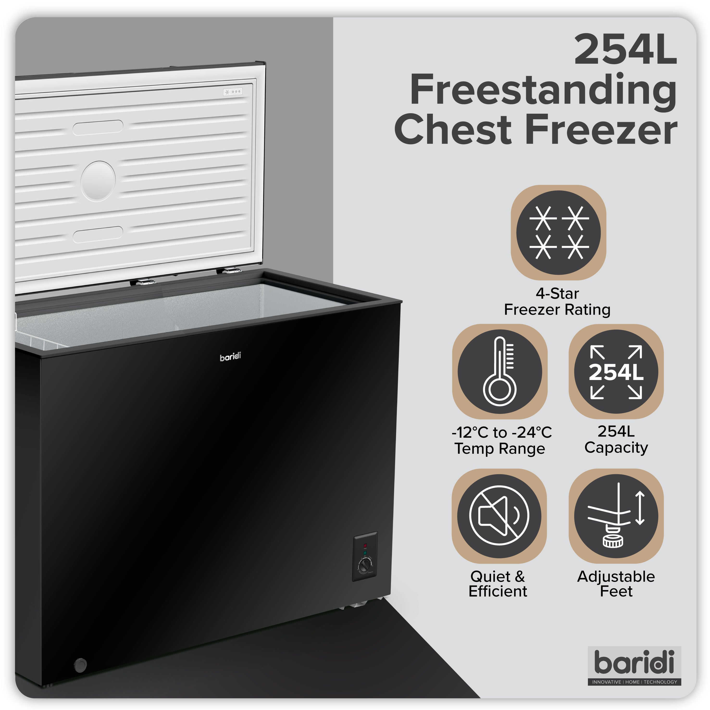Baridi 254L Freestanding Chest Freezer with Adjustable Thermostat - Black- DH259