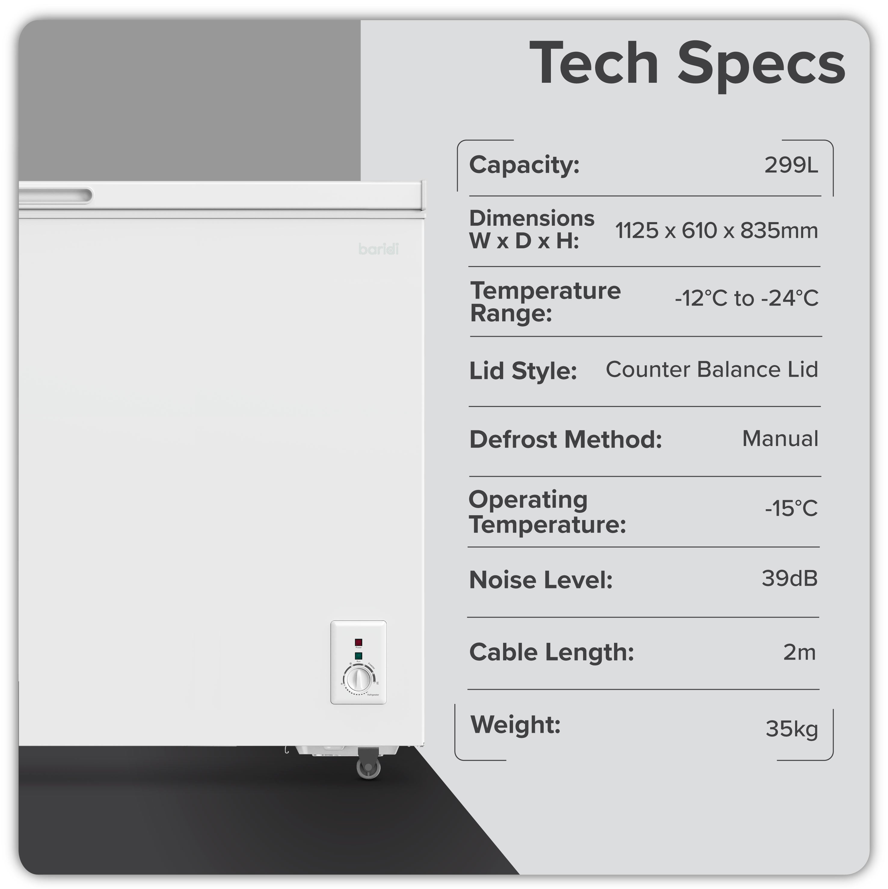 Baridi 299L Freestanding Chest Freezer with Adjustable Thermostat, White - DH260