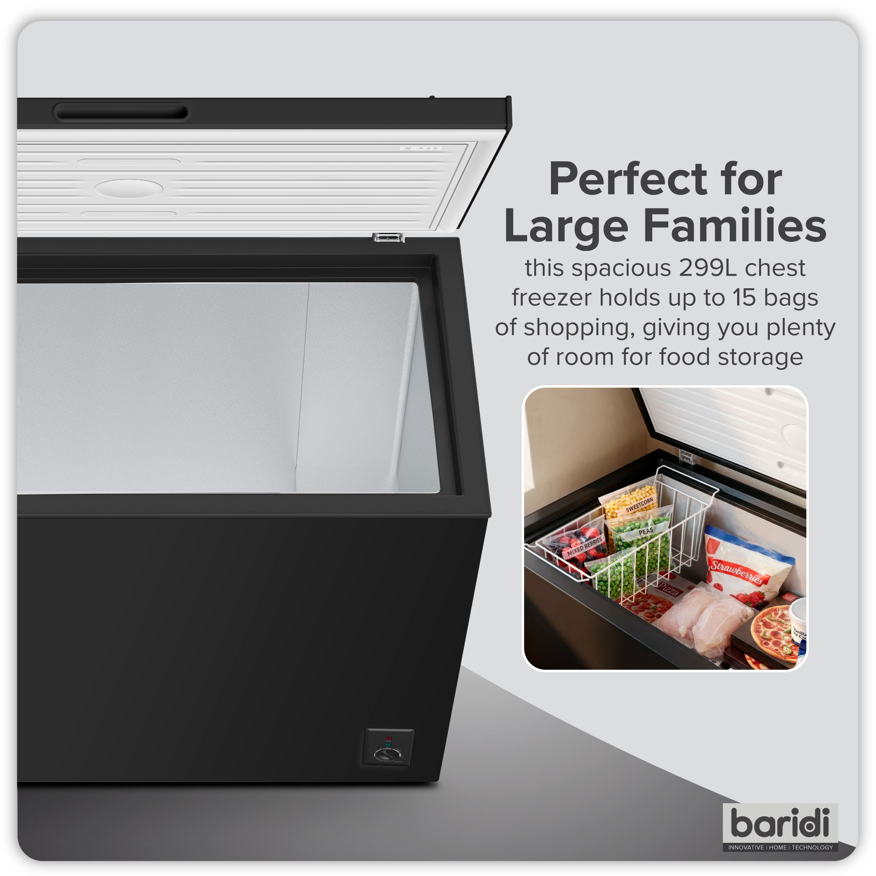 Baridi 299L Freestanding Chest Freezer with Adjustable Thermostat, Black - DH261