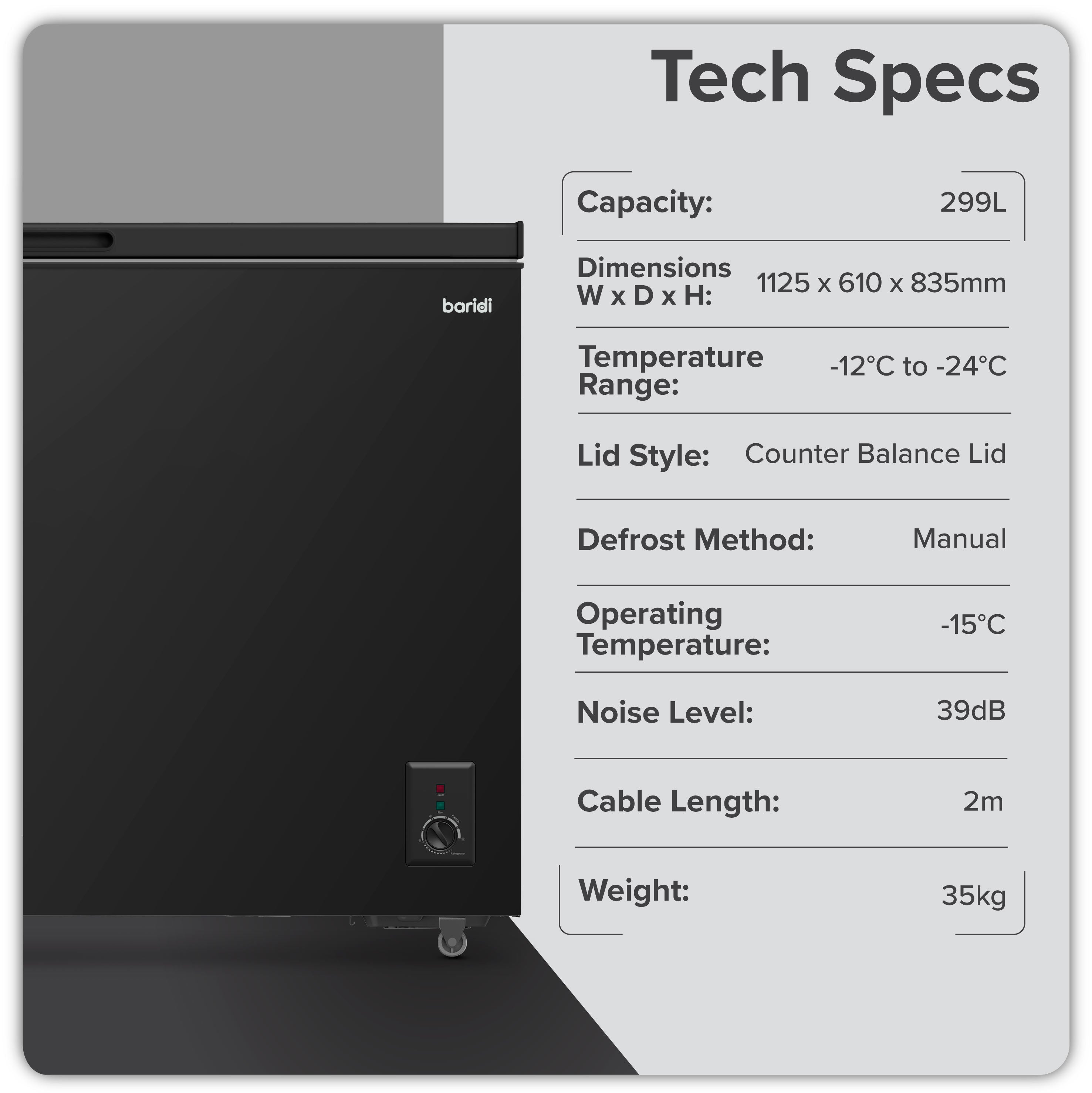 Baridi 299L Freestanding Chest Freezer with Adjustable Thermostat, Black - DH261