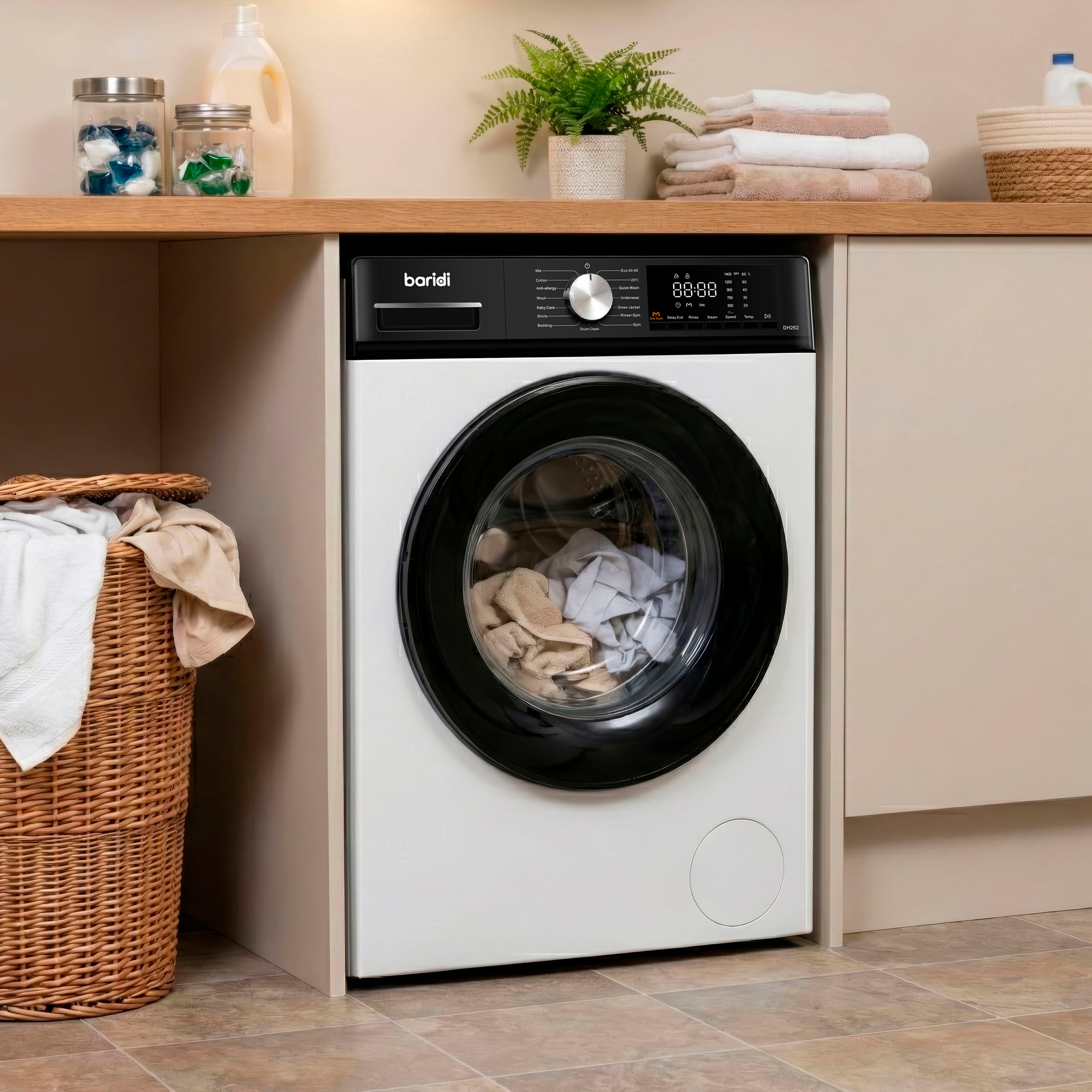 Baridi 8kg Washing Machine, Front Loading, 1400rpm, 15 Programmes, BLDC Motor, White/Black – DH262