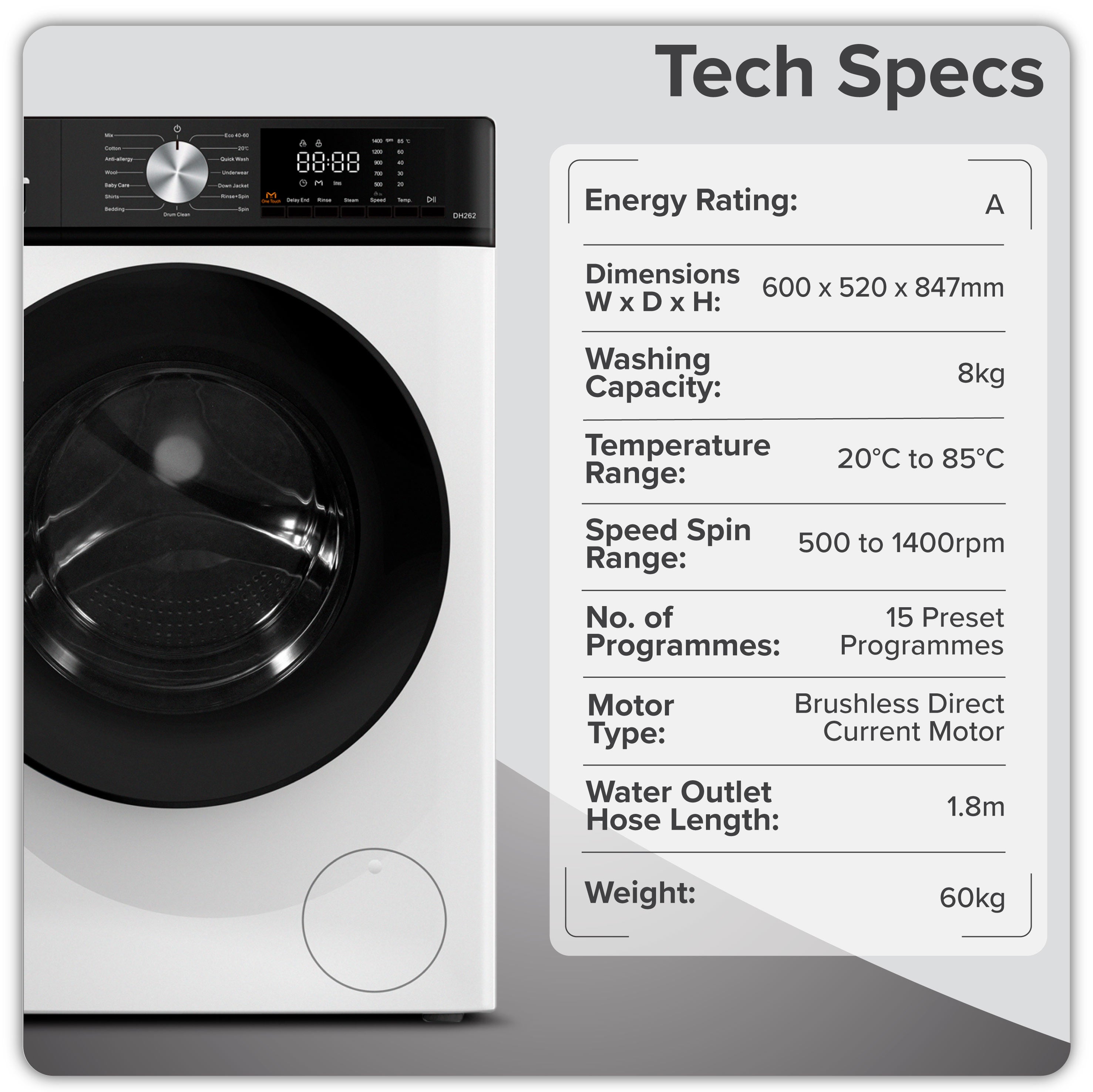 Baridi 8kg Washing Machine, Front Loading, 1400rpm, 15 Programmes, BLDC Motor, White/Black – DH262