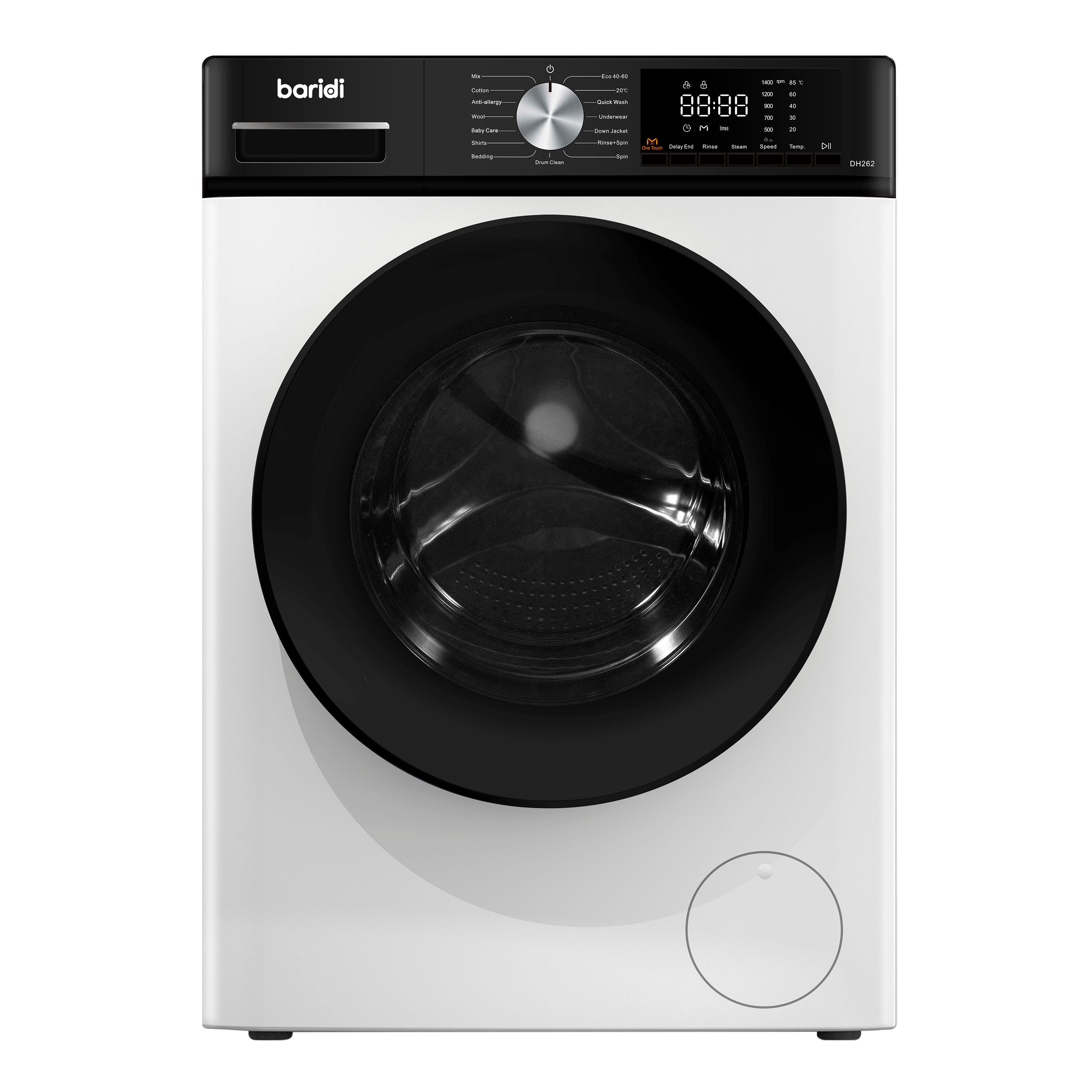 Baridi 8kg Washing Machine, Front Loading, 1400rpm, 15 Programmes, BLDC Motor, White/Black – DH262