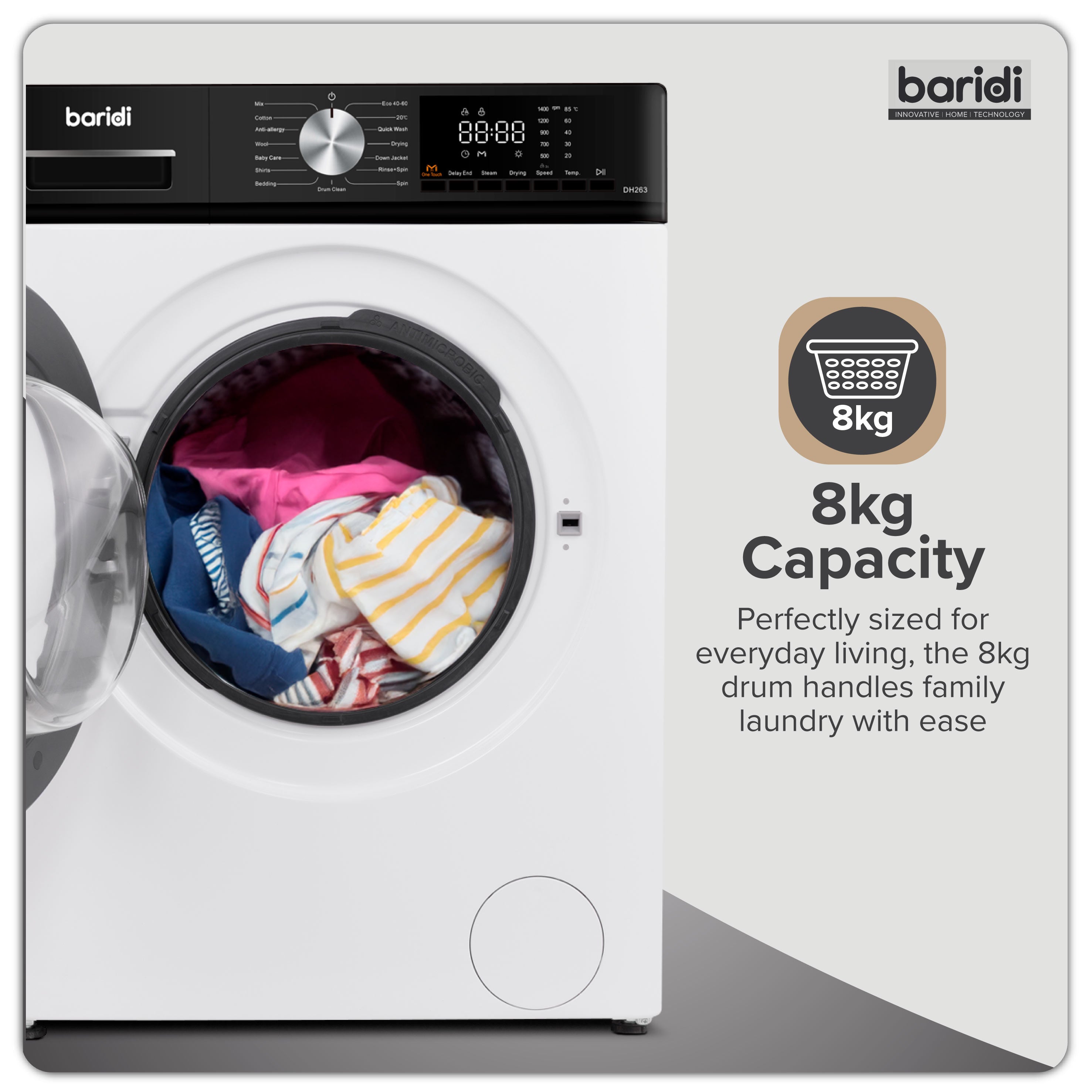Baridi 8/5kg Washer Dryer, Front Loading, 1400rpm, 15 Programmes, BLDC Motor, White/Black – DH263