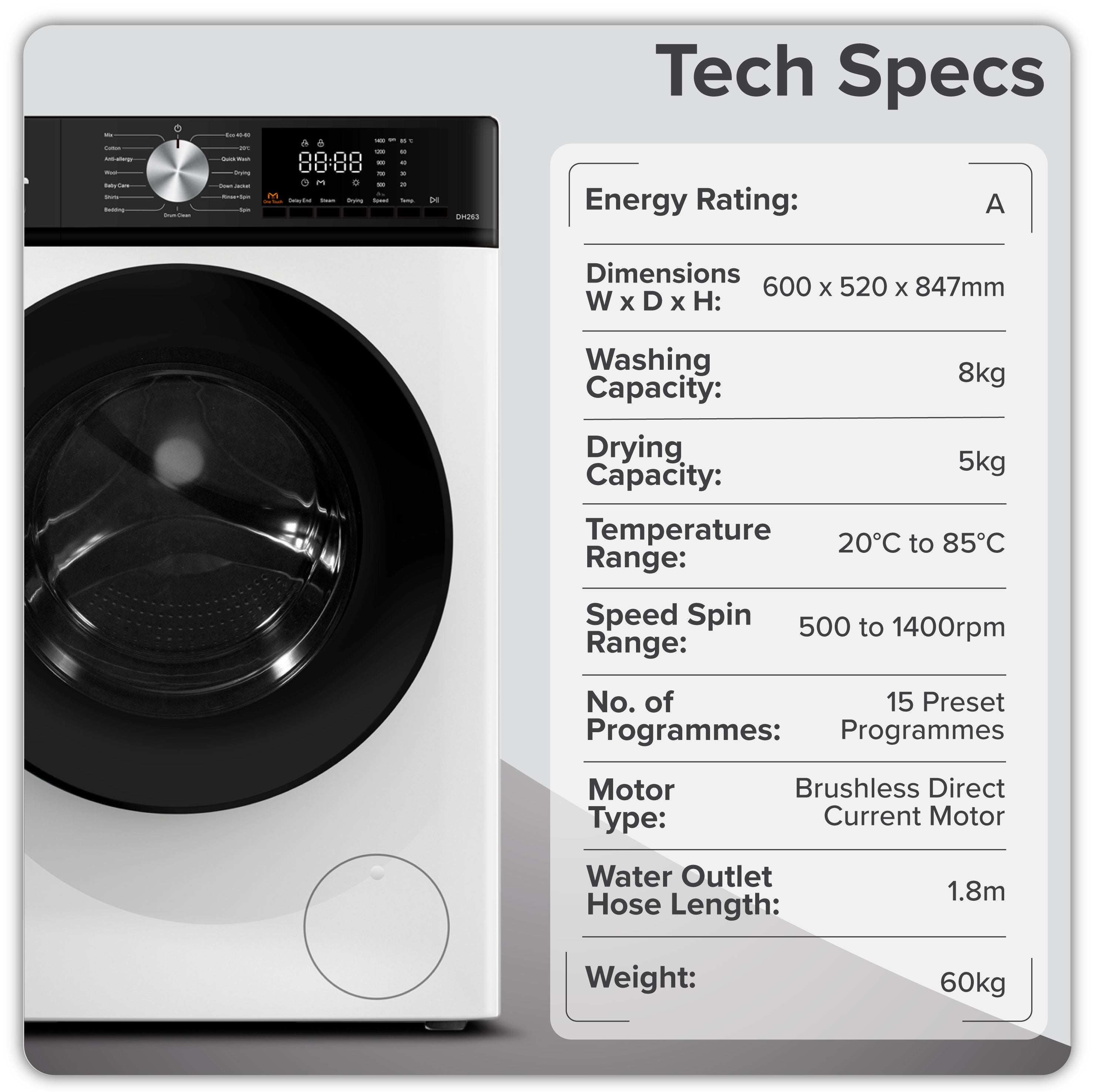 Baridi 8/5kg Washer Dryer, Front Loading, 1400rpm, 15 Programmes, BLDC Motor, White/Black – DH263