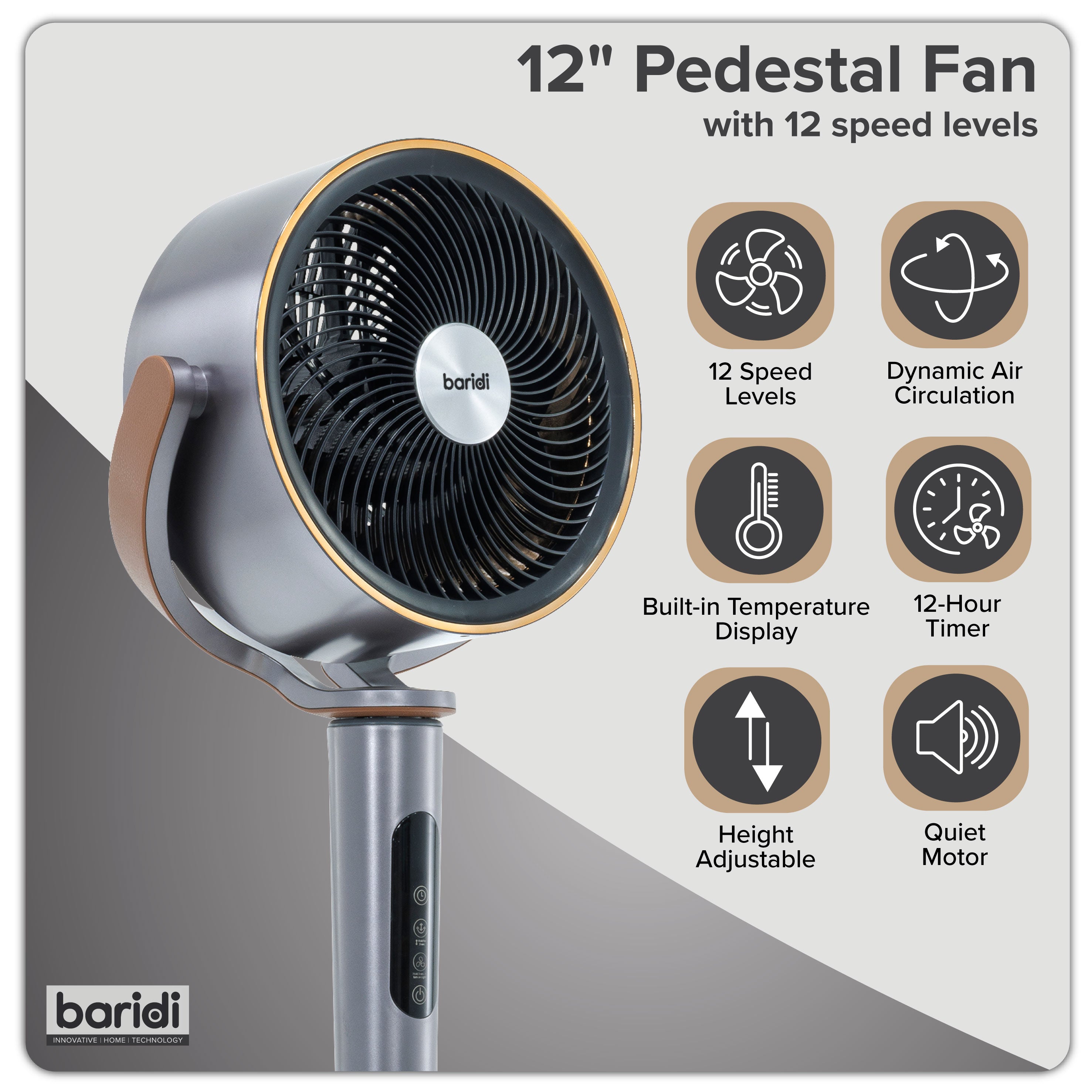 Baridi 12" Pedestal Fan with Remote Control, Back Light & 12hr Timer - Grey - DH264
