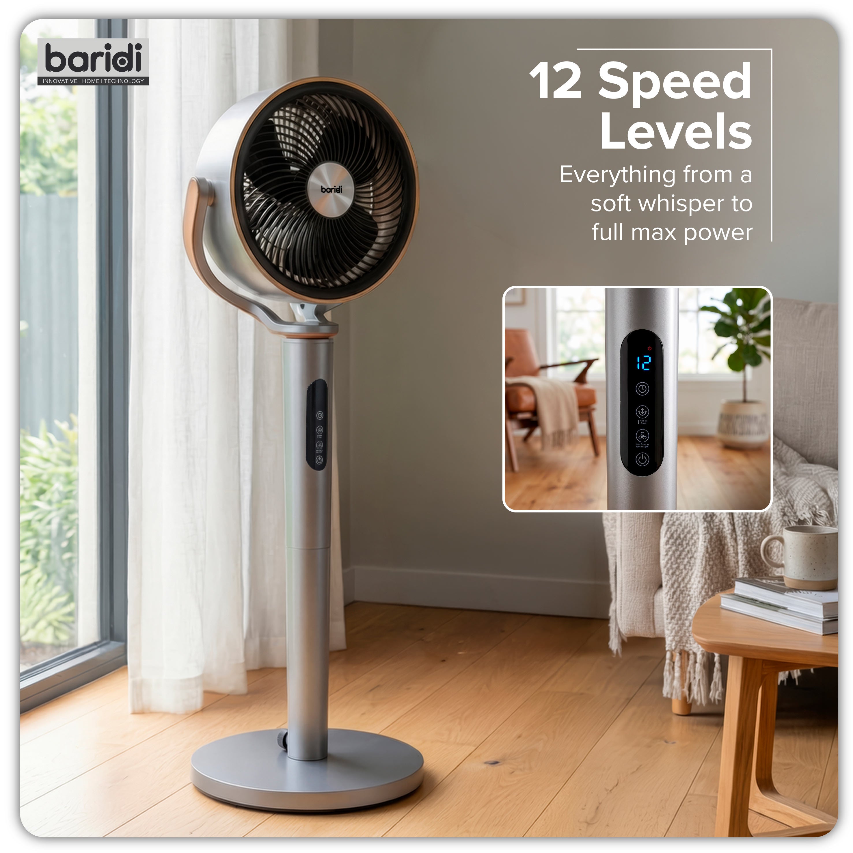 Baridi 12" Pedestal Fan with Remote Control, Back Light & 12hr Timer - Grey - DH264