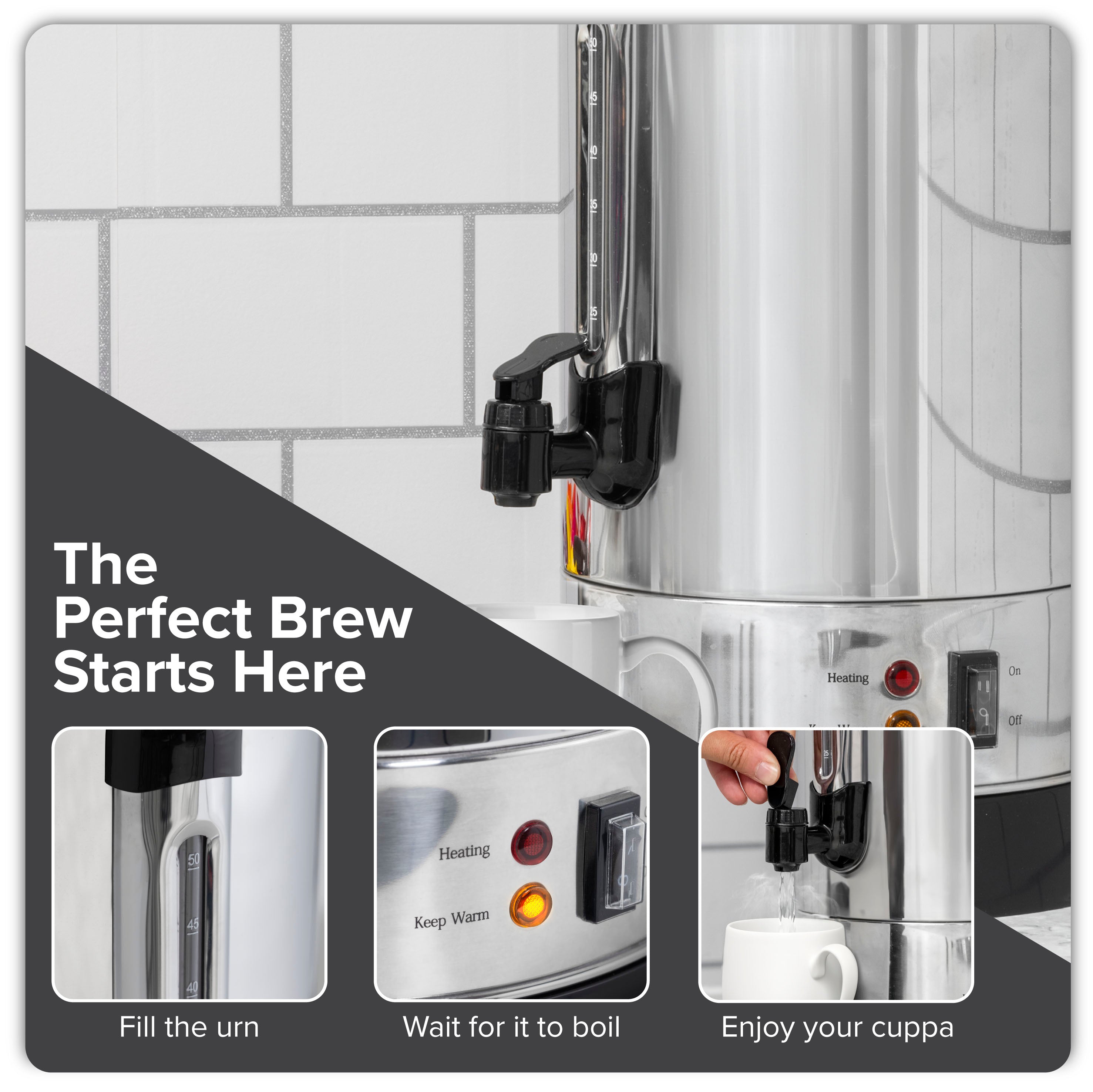 Baridi 10L Hot Water Boiler, Tea Urn with Drip Tray, Keep Warm Function - Stainless Steel - DH269