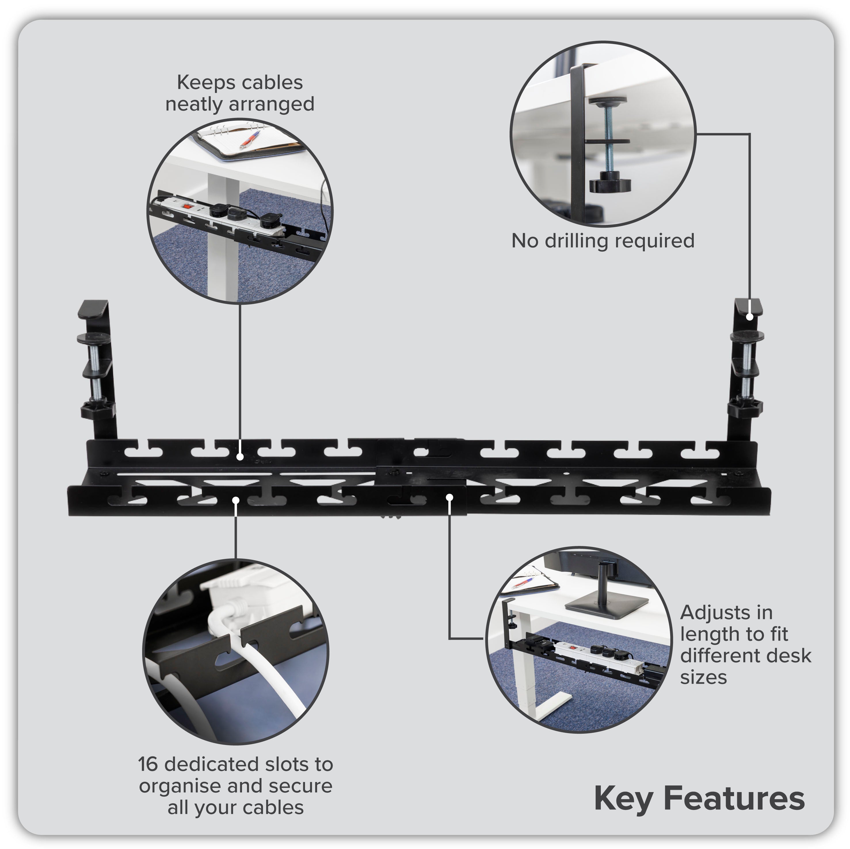 Dellonda Cable Management Tray, Extendable, 730mm Wide, Clamp-On - Black