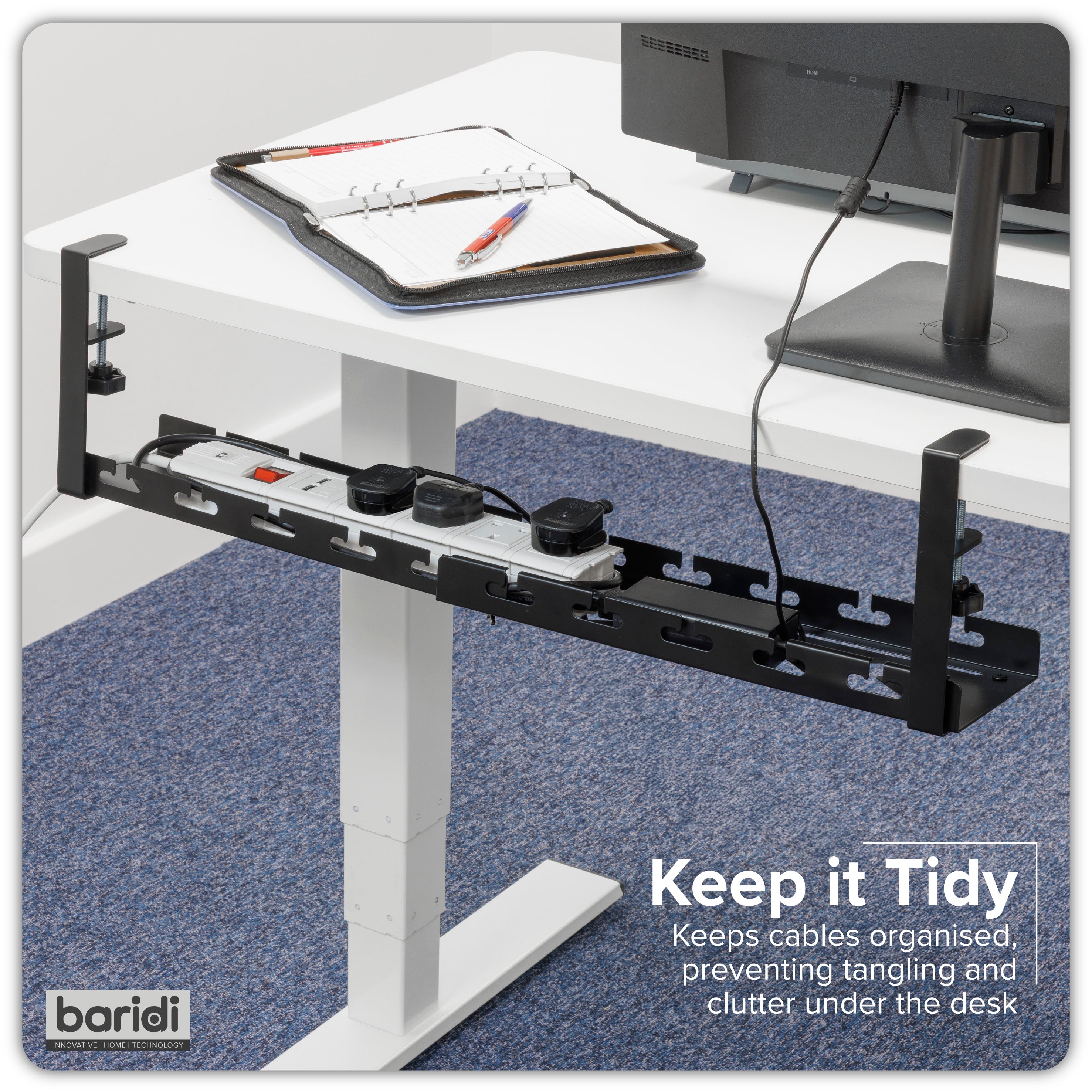 Dellonda Cable Management Tray, Extendable, 730mm Wide, Clamp-On - Black