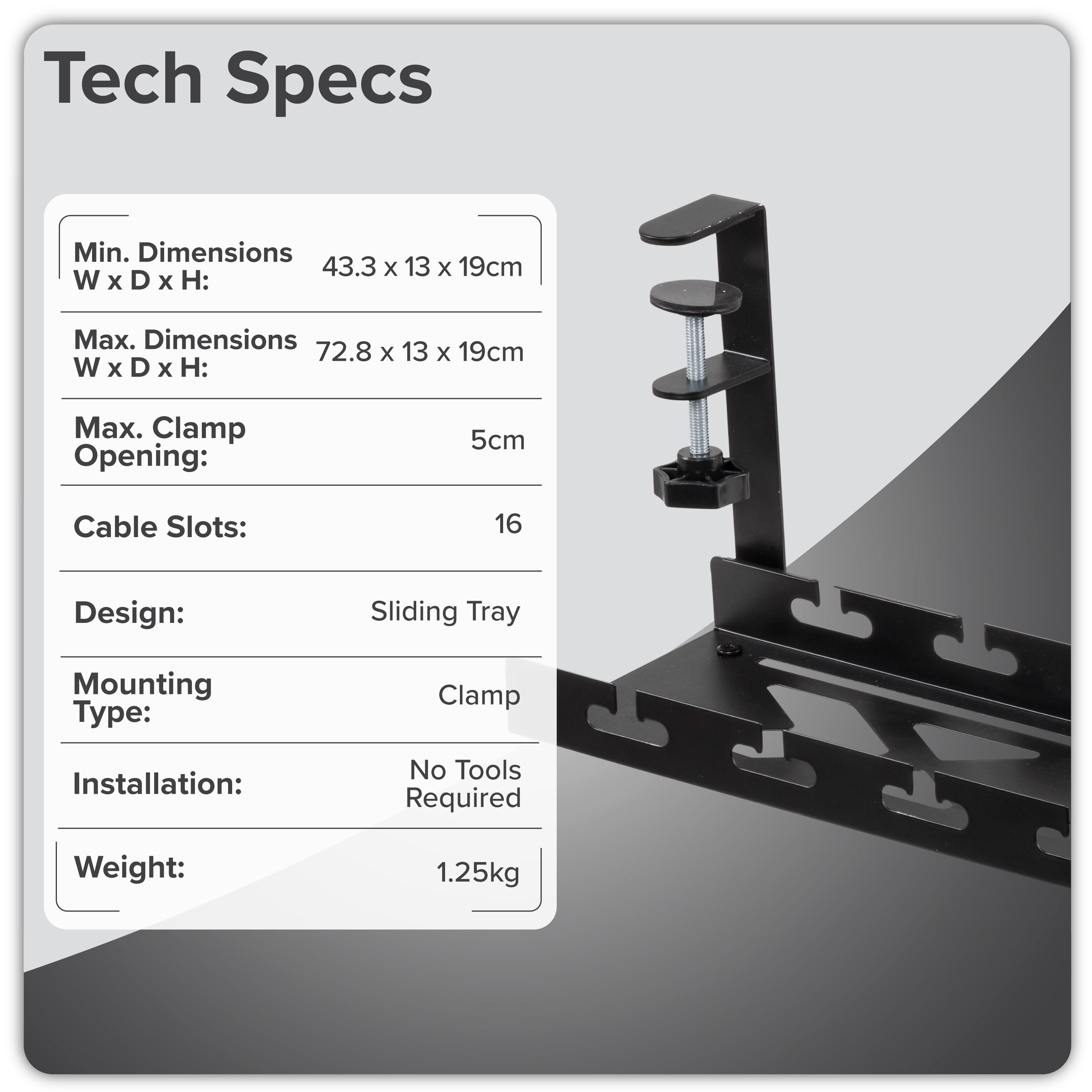 Dellonda Cable Management Tray, Extendable, 730mm Wide, Clamp-On - Black