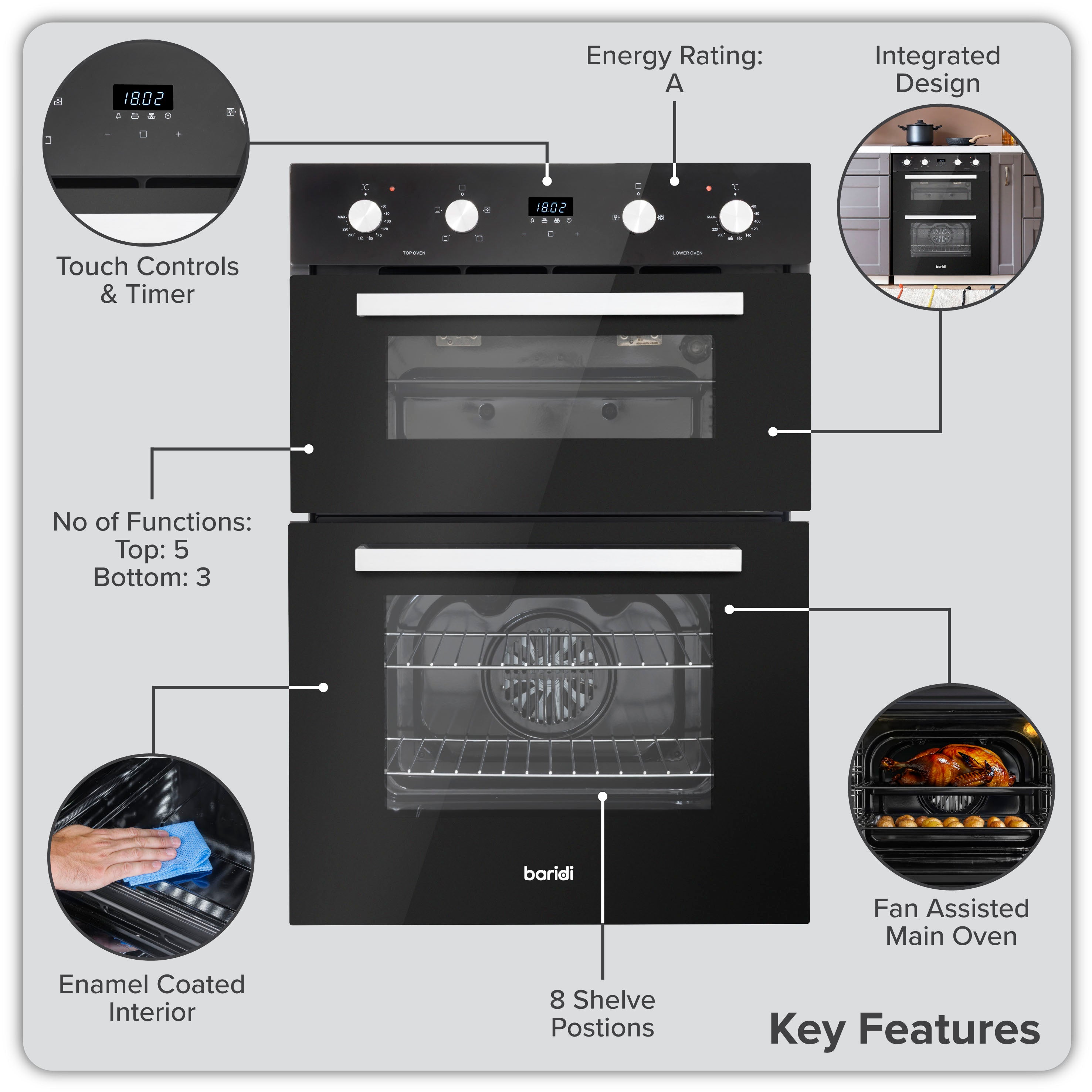 Baridi 72cm Built-Under Double Oven, 74L Capacity, Energy Rating A, 8 Shelf Positions, Black Glass – DH278