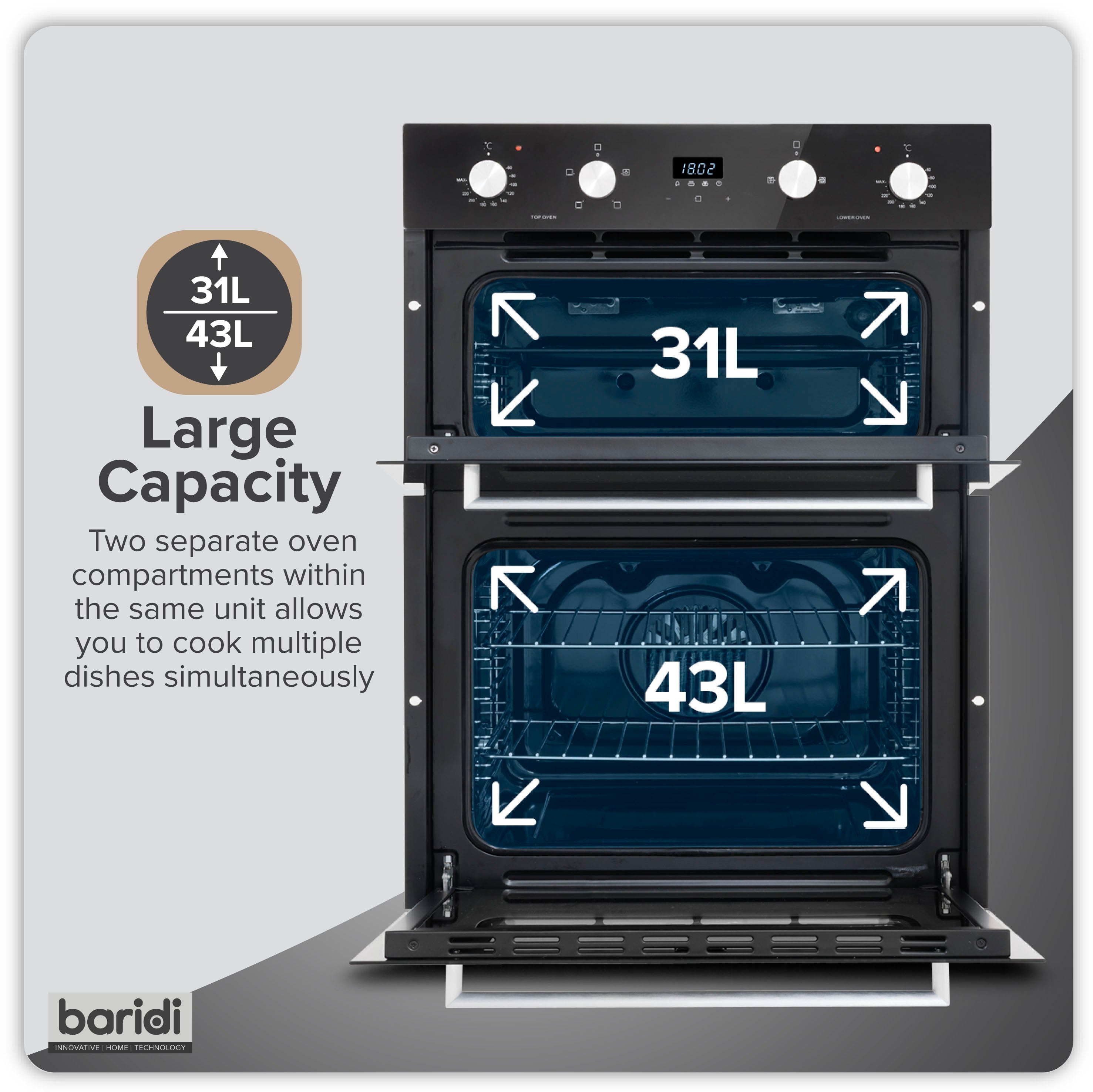 Baridi 72cm Built-Under Double Oven, 74L Capacity, Energy Rating A, 8 Shelf Positions, Black Glass – DH278
