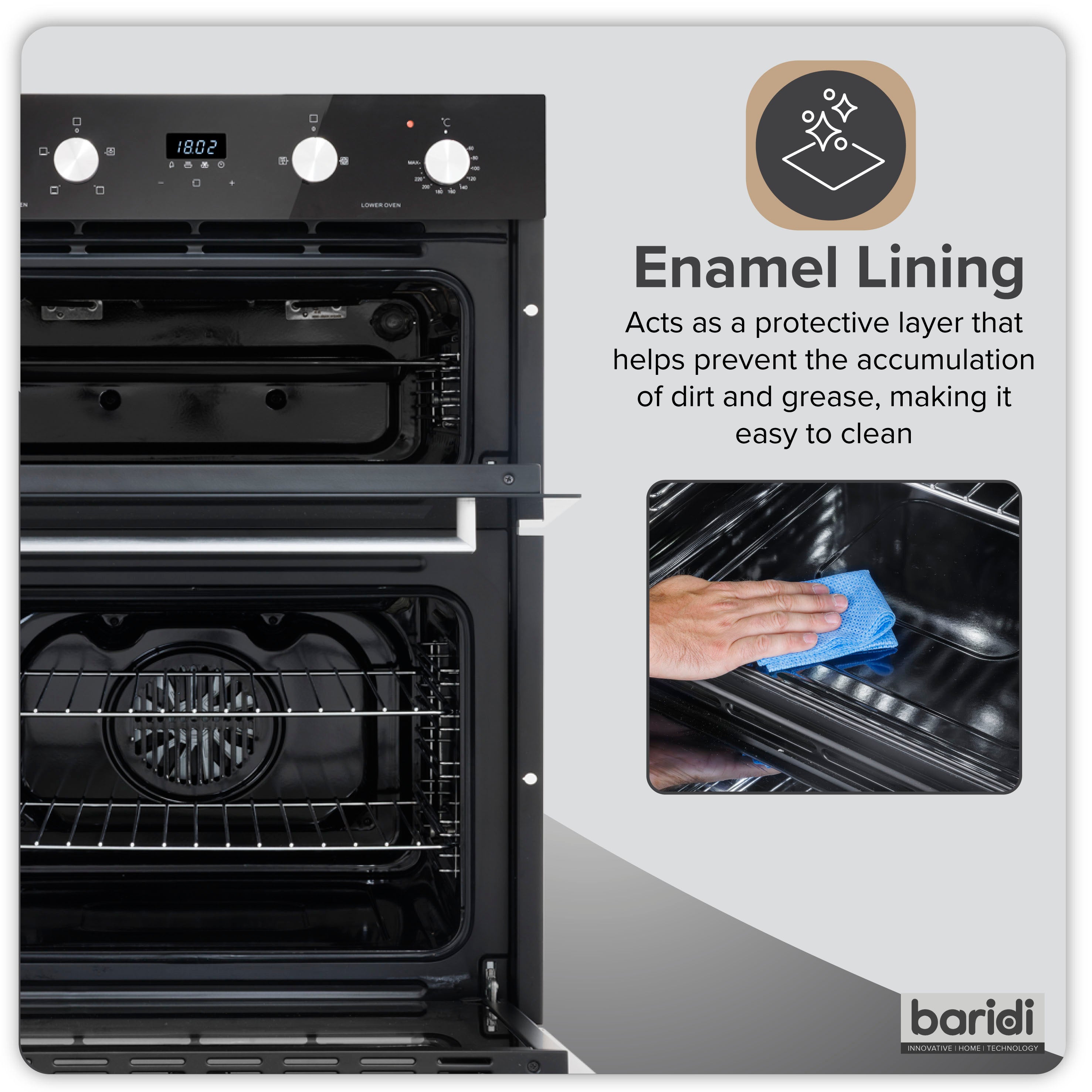 Baridi 72cm Built-Under Double Oven, 74L Capacity, Energy Rating A, 8 Shelf Positions, Black Glass – DH278