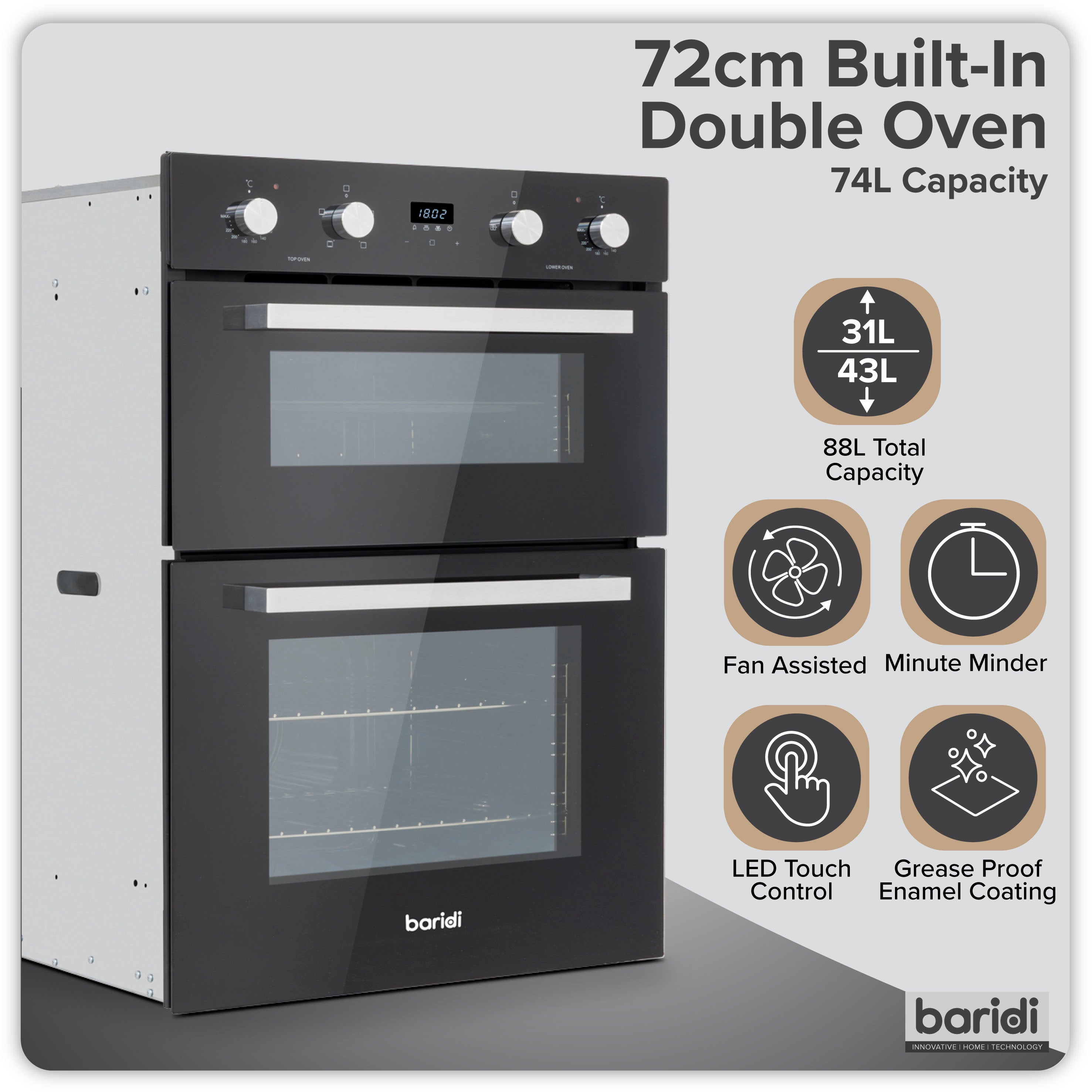 Baridi 72cm Built-Under Double Oven, 74L Capacity, Energy Rating A, 8 Shelf Positions, Black Glass – DH278