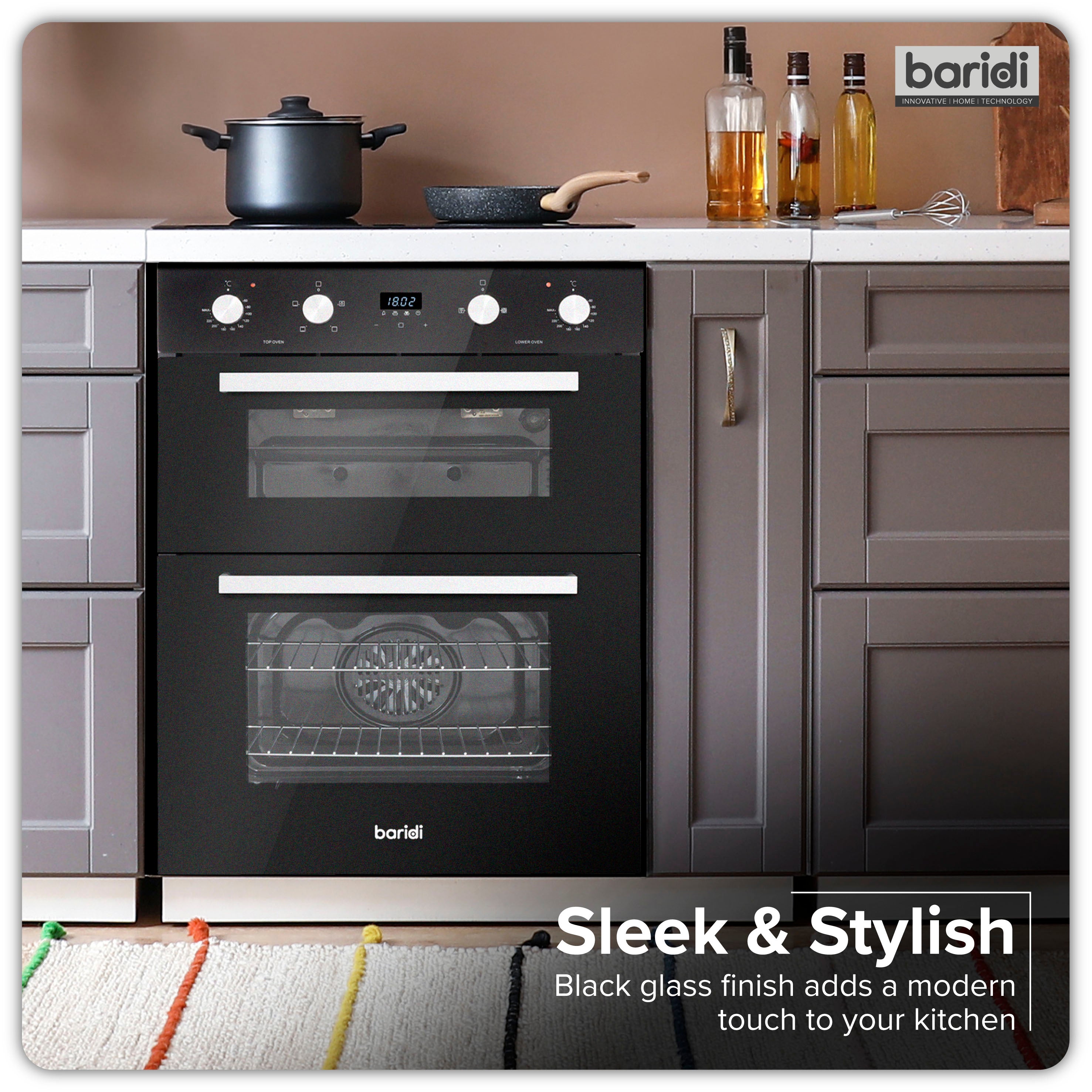 Baridi 72cm Built-Under Double Oven, 74L Capacity, Energy Rating A, 8 Shelf Positions, Black Glass – DH278