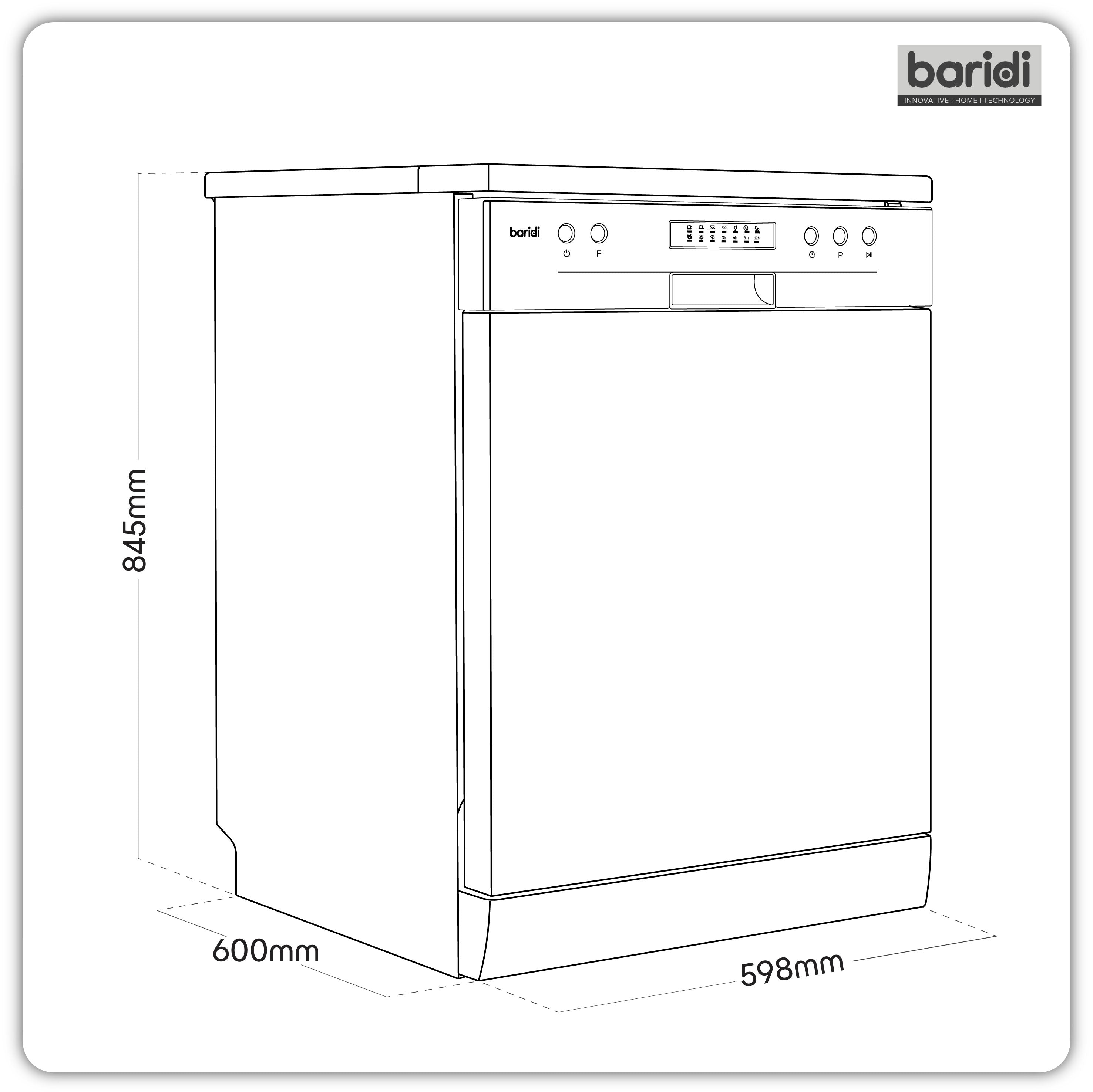 Baridi 60cm Freestanding Dishwasher, 13 Place Settings, 6 Programs, Silver - DH280