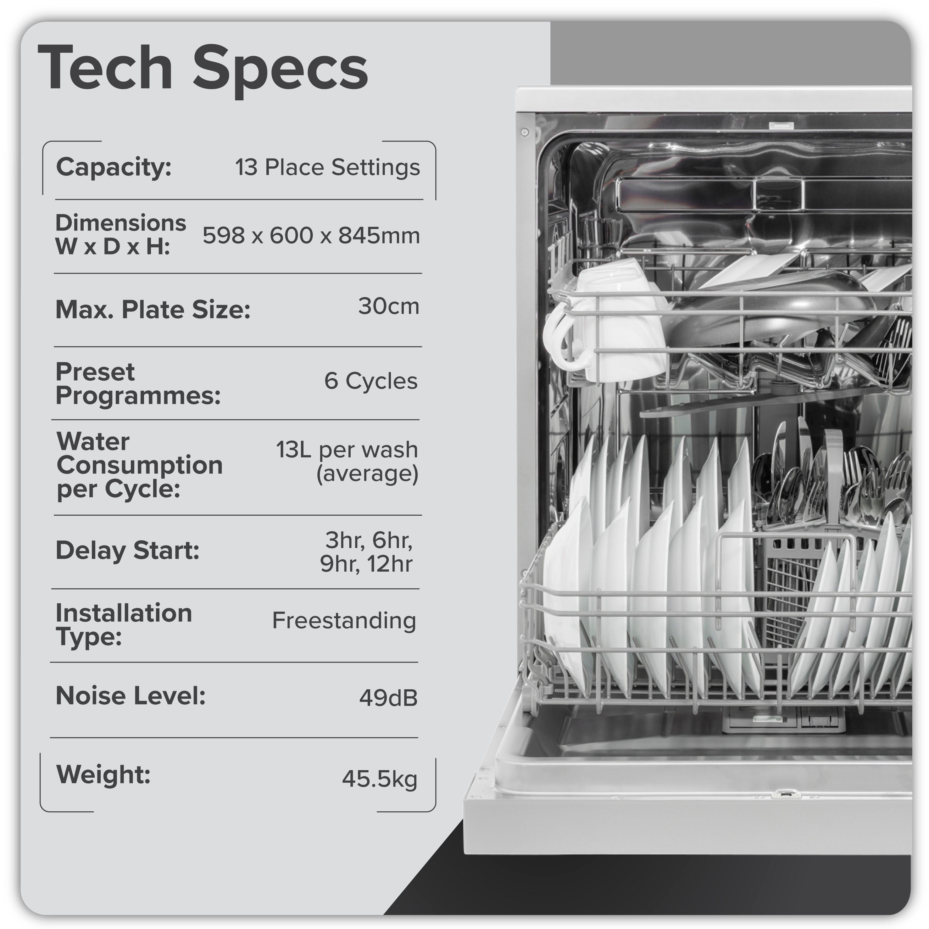 Baridi 60cm Freestanding Dishwasher, 13 Place Settings, 6 Programs, Silver - DH280