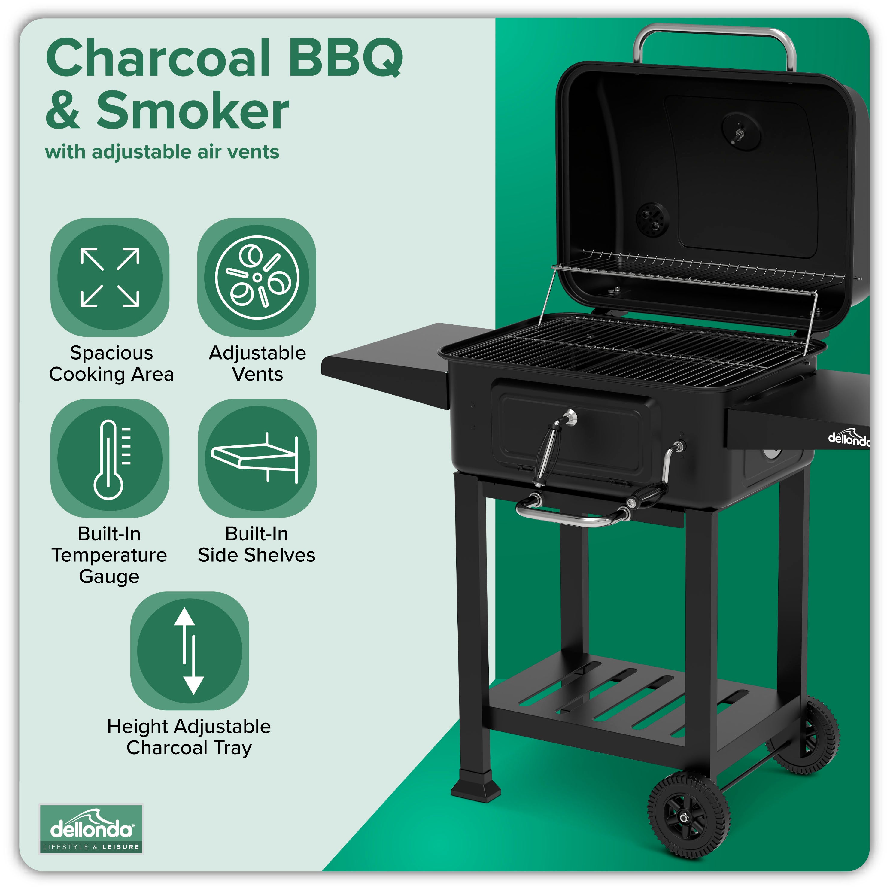 Charcoal Grill BBQ Smoker and Trolley with 2 Side Shelves, Black - DG283