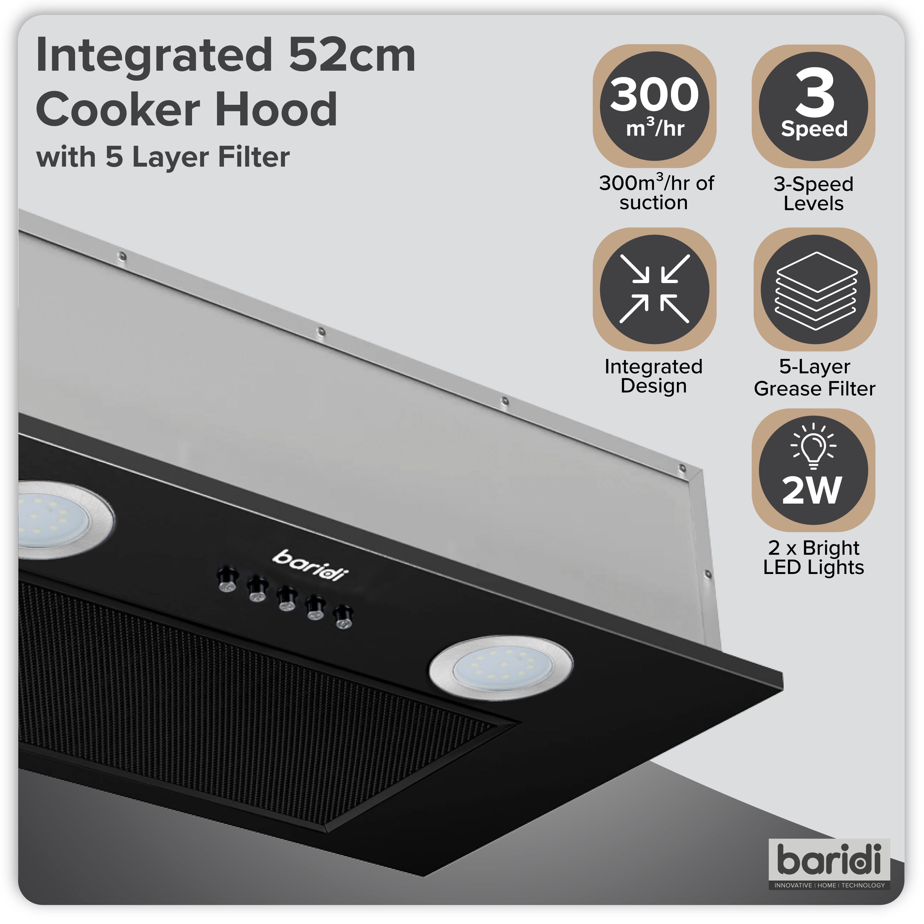 Cooker Hood with 5 Layer Filter 52cm - Black
