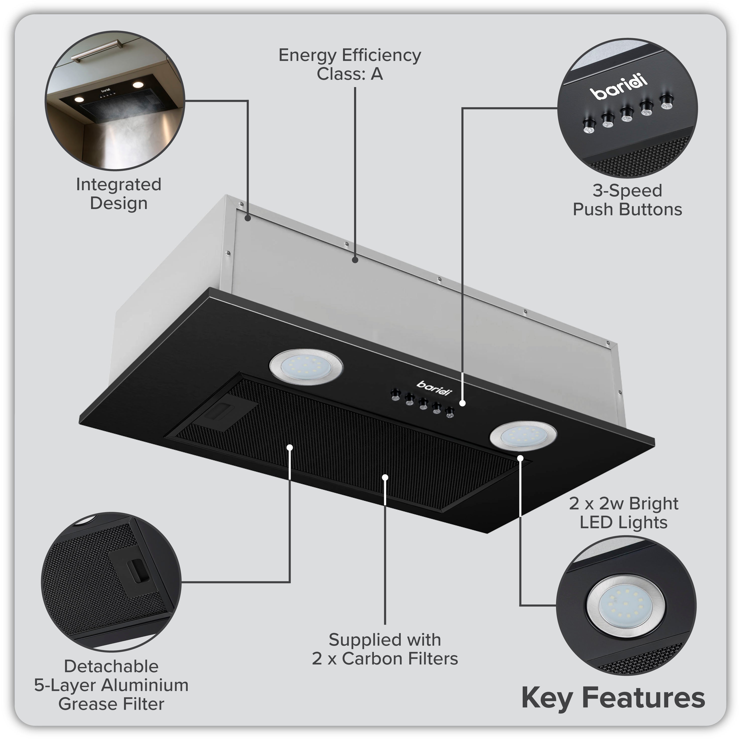 Cooker Hood with 5 Layer Filter 52cm - Black